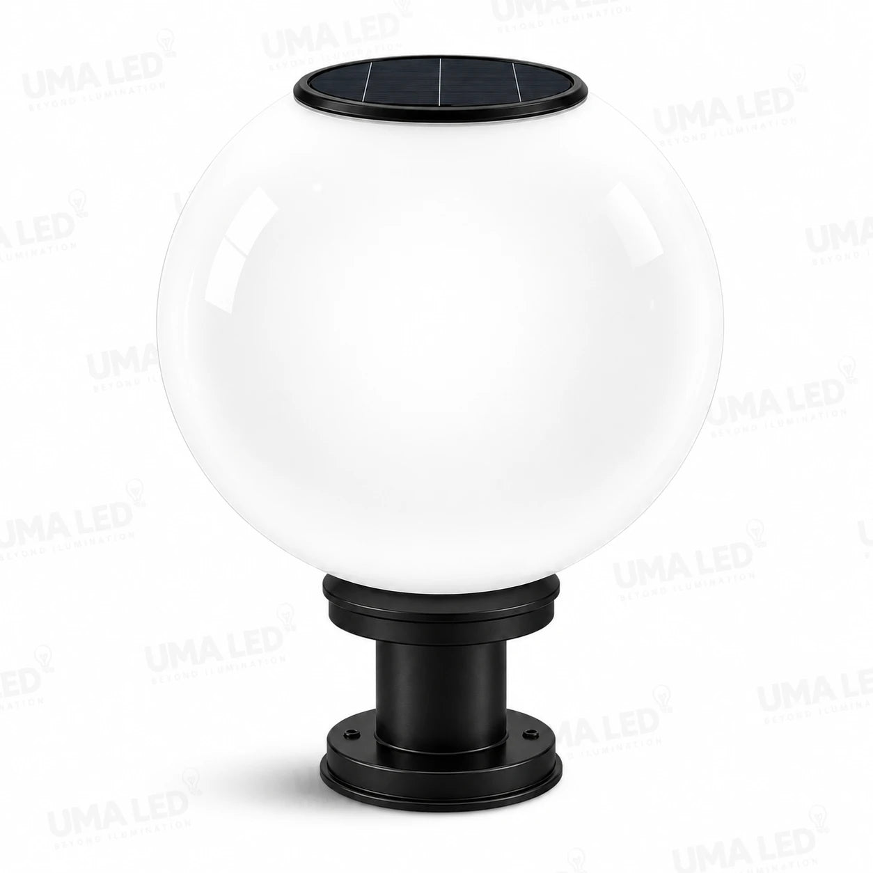 Solar-powered outdoor globe light with a large white frosted glass globe and a black metal base, featuring a black solar panel on top.