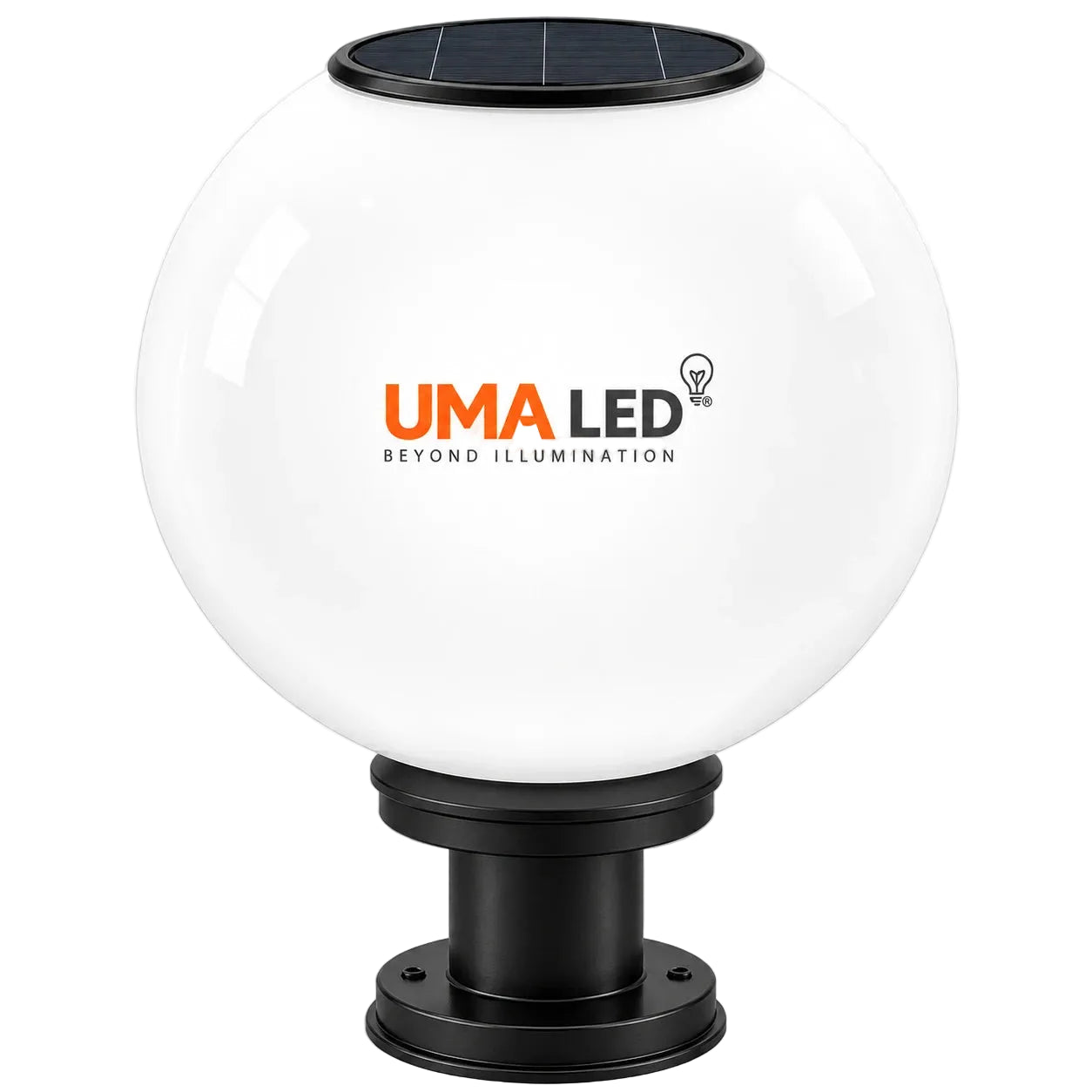 UMA LED solar globe light with a large white spherical globe, black solar panel on top, and a black metal post base, shown on a transparent checkered background.