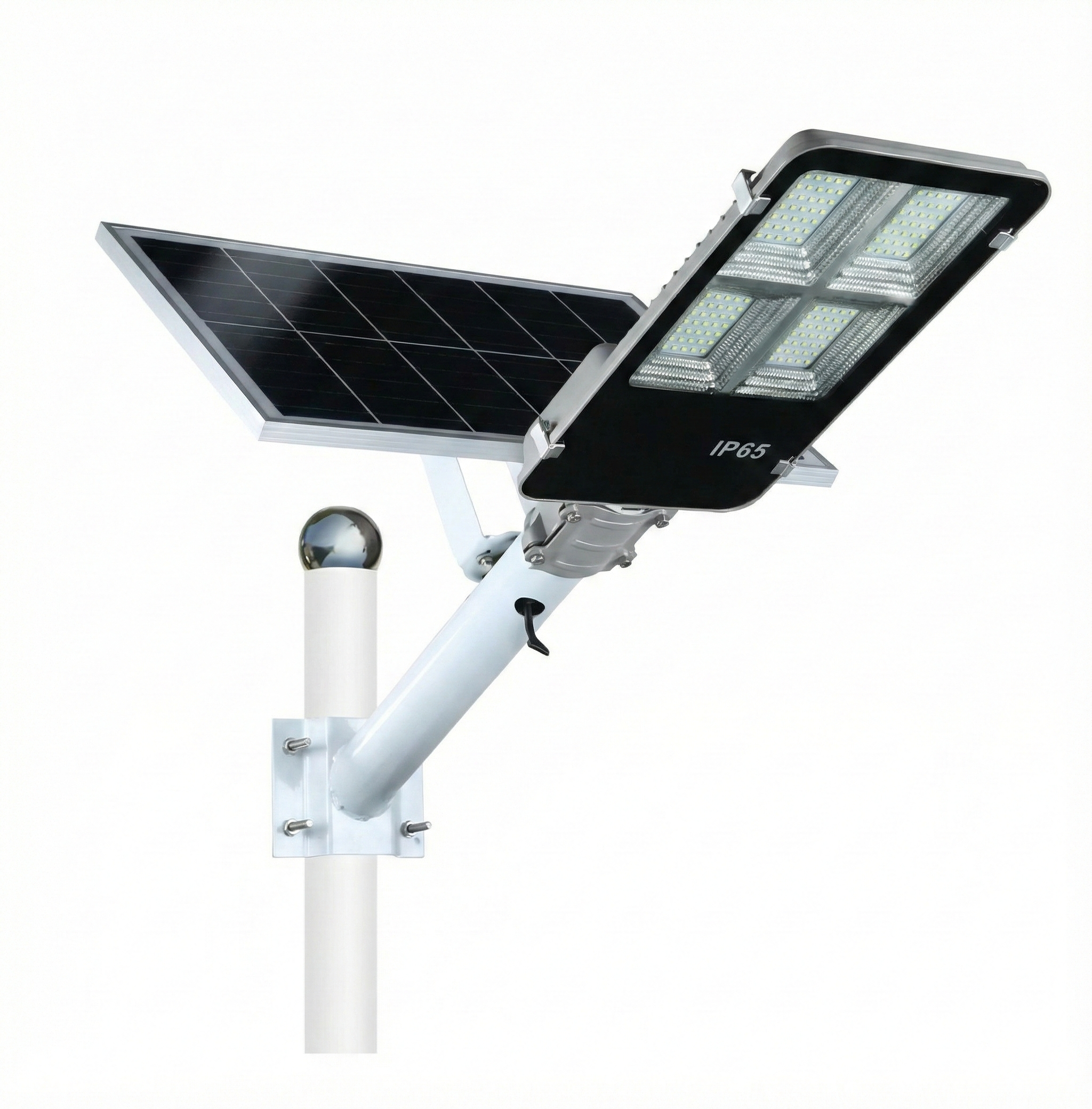 A solar-powered street light with a rectangular black LED lamp head, a flexible solar panel, and a white mounting pole, shown against a plain white background.
