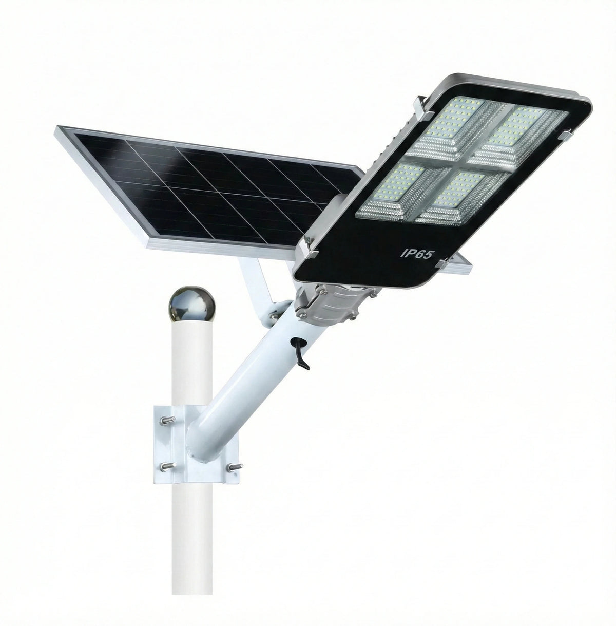 A solar-powered outdoor street light with a black rectangular LED lamp, a black solar panel, and a white mounting pole and bracket, shown on a plain white background.