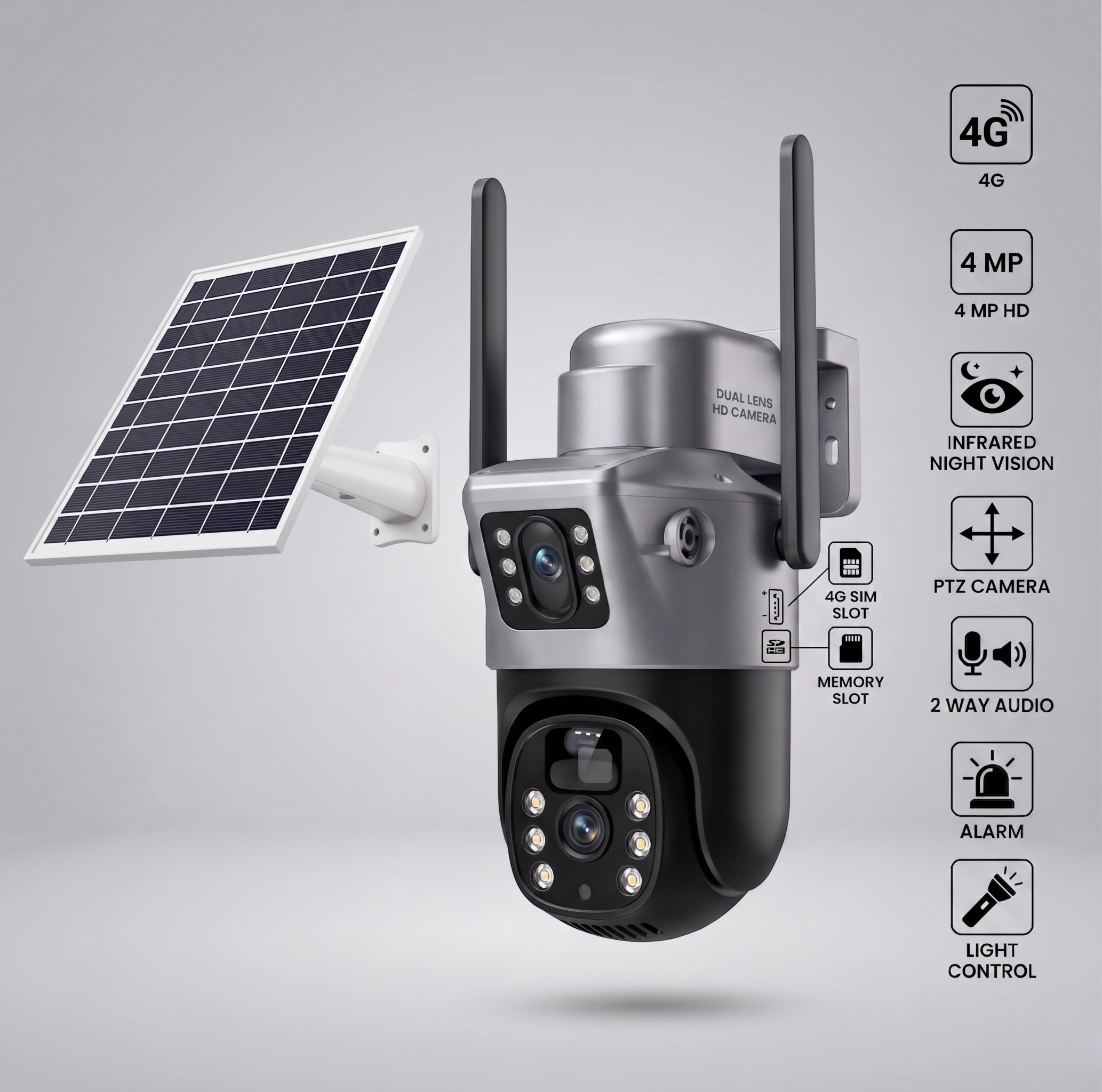 Security camera with solar panel on a gray background