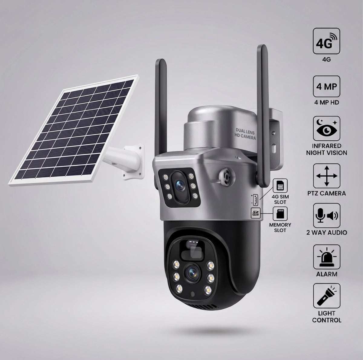 A dual-camera wireless security camera with a solar panel and mounting bracket, shown on a light gray background with feature icons on the right side.