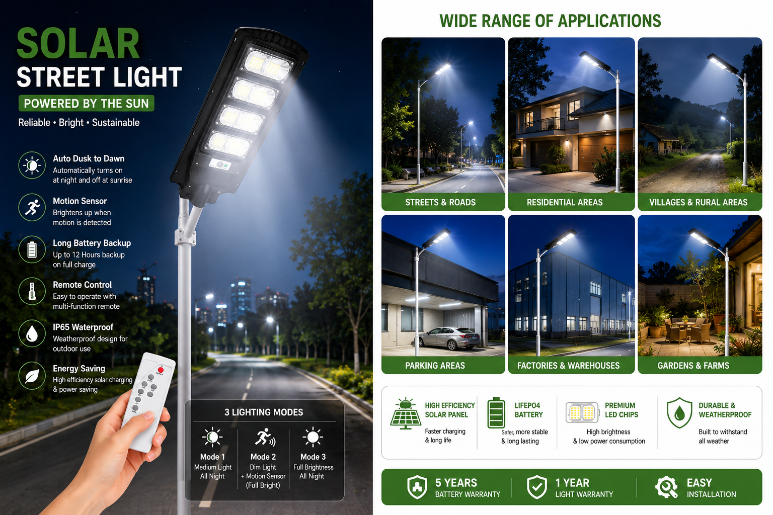 160W Solar LED Street Light suitable for roads, streets, parking areas, gardens, farmhouses, warehouses, factories and residential lighting.