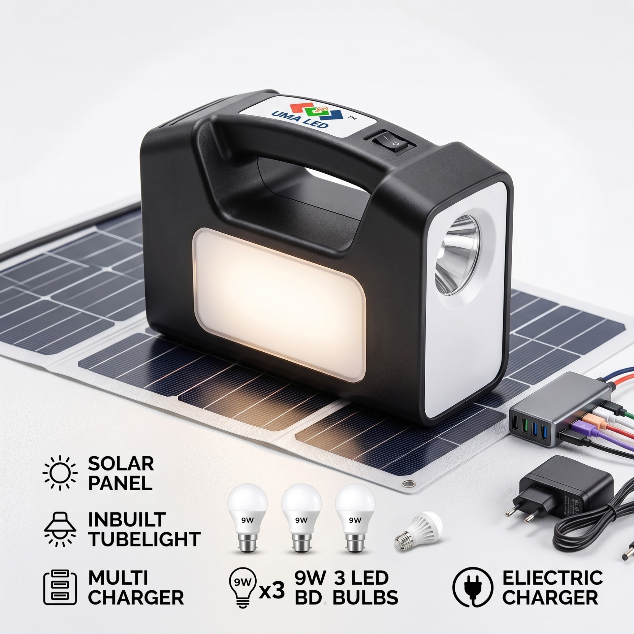 Black portable light with solar panel and charging cables on a white background