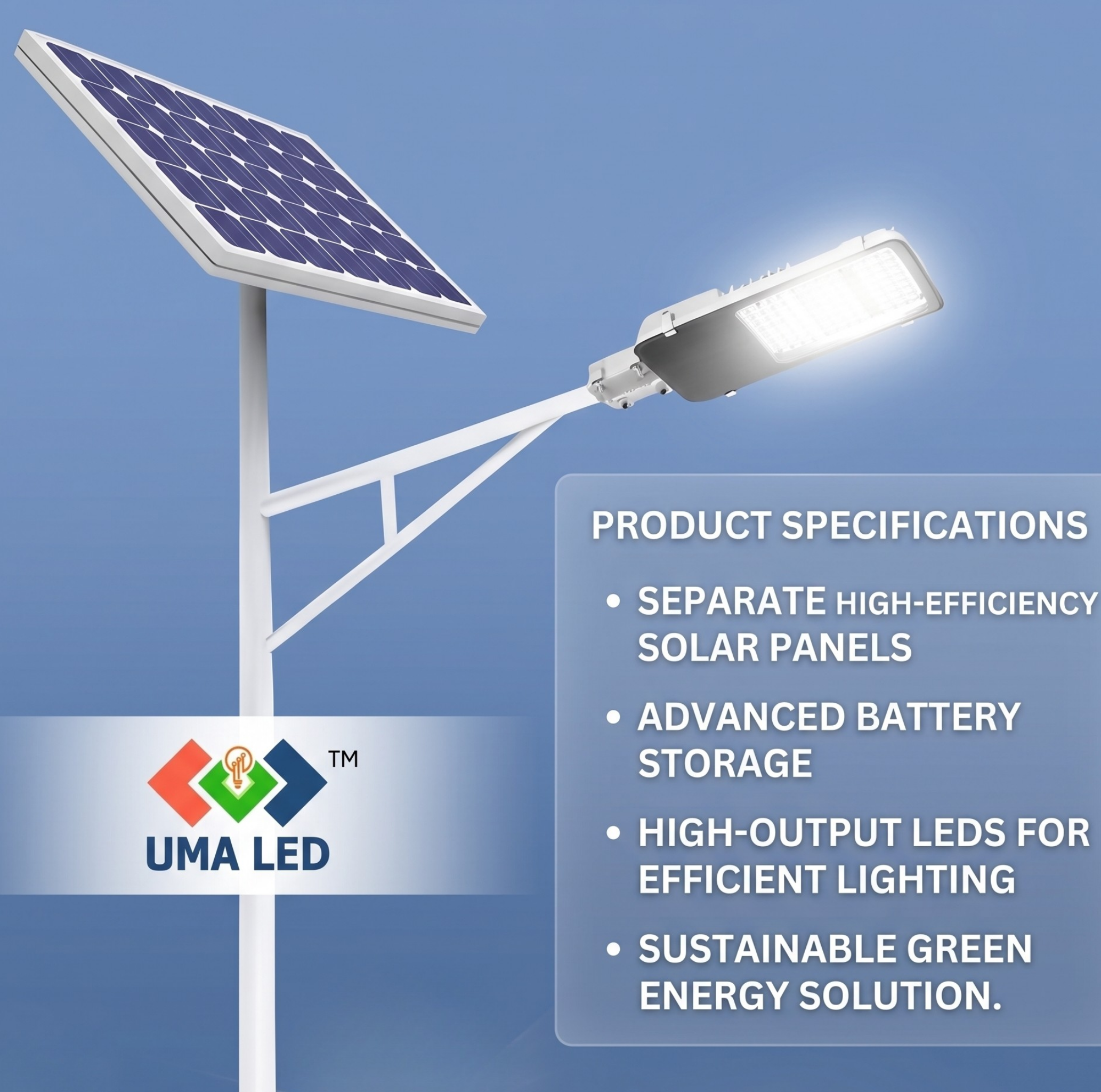 Solar street light with UMA LED branding and product specifications on a blue background
