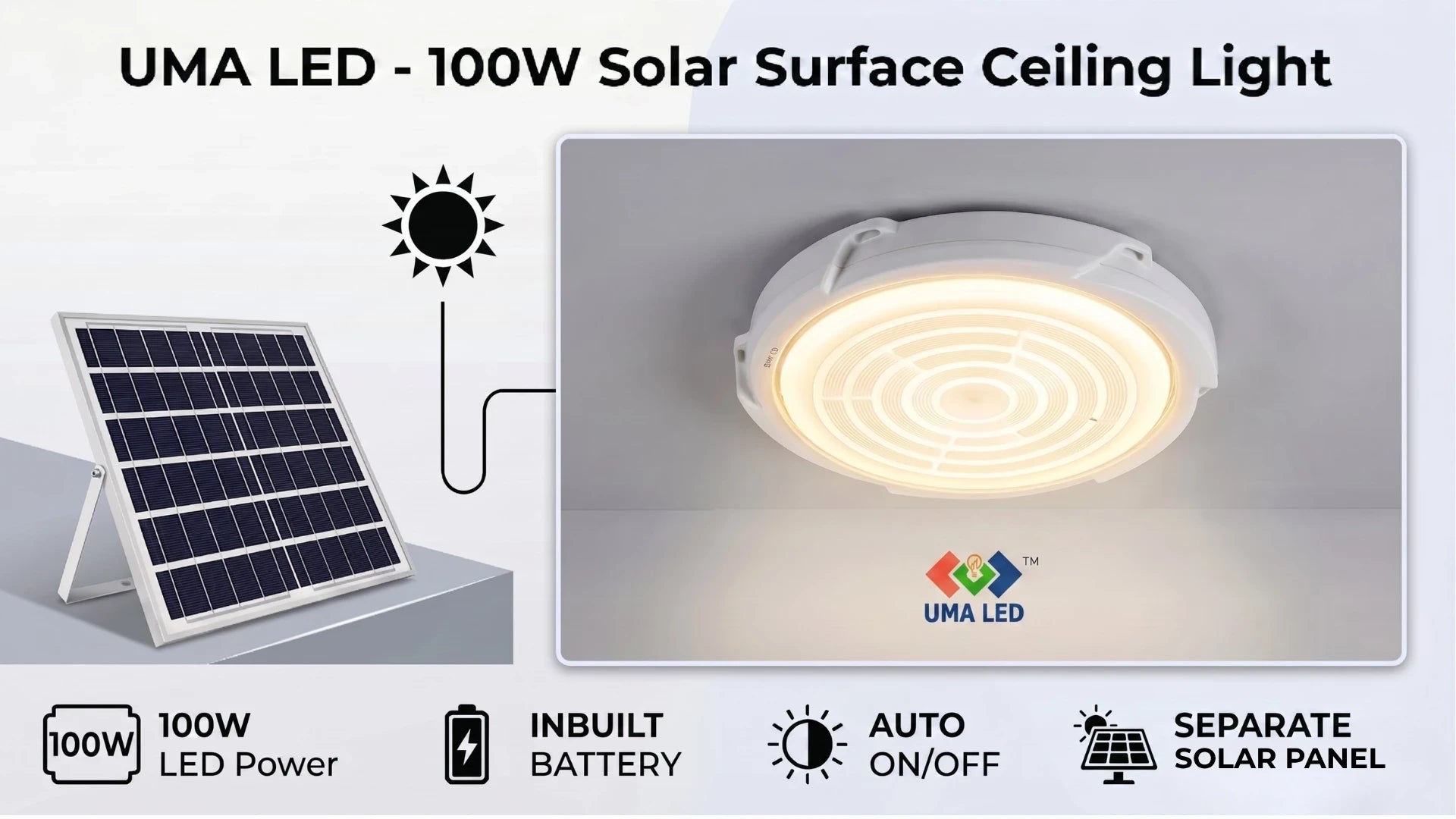 Solar surface ceiling light with solar panel and UMA LED branding.