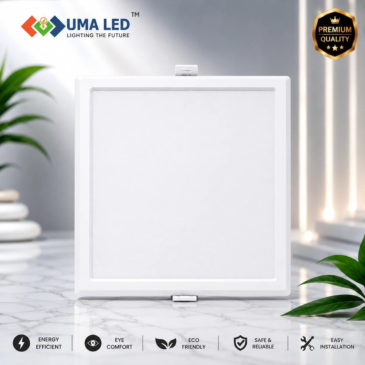 UMA LED square recessed ceiling light fixture in white, displayed on a marble surface with decorative plants and promotional badges.