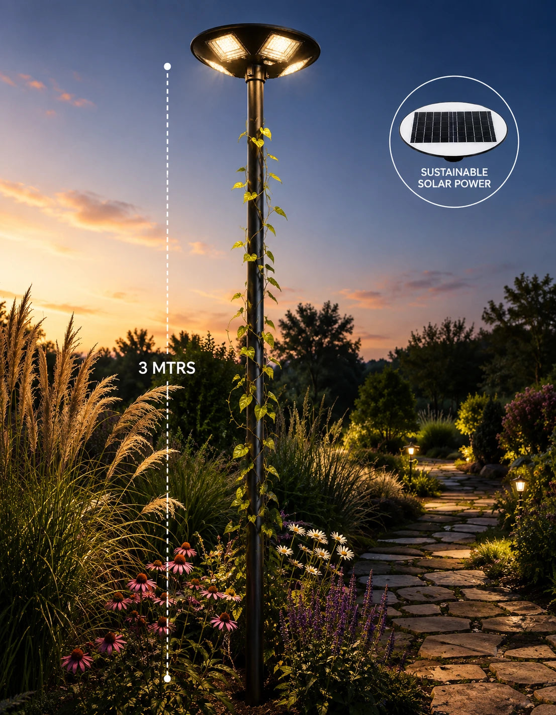 A tall outdoor solar garden light post shown in a landscaped garden at dusk, with a stone path, ornamental grass, and a sky gradient. White text overlays indicate the post is 3 meters tall and the light is sustainably solar powered, with a small inset showing the solar panel.