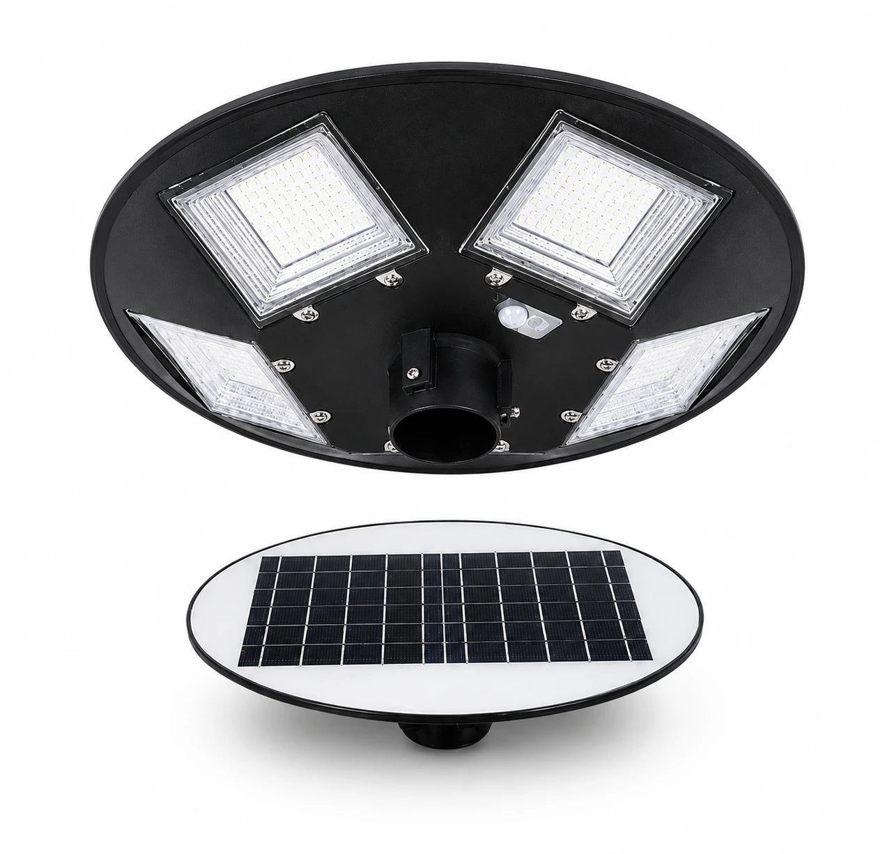 A solar-powered outdoor street light shown in two views: an overhead view displaying three square LED light panels and a central motion sensor, and a side profile view showing the integrated solar panel on the base, both on a white background.