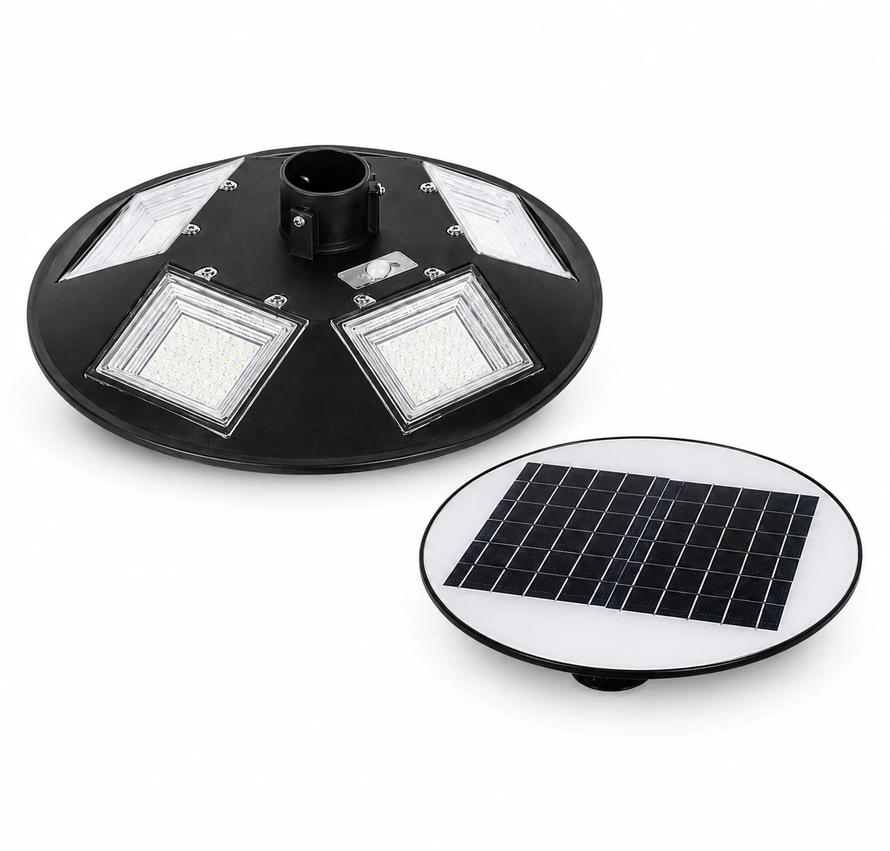 A solar-powered outdoor light fixture shown in two separated pieces on a white background: a round black housing with four square LED light panels, and a smaller oval solar panel section with dark photovoltaic cells on a white base.