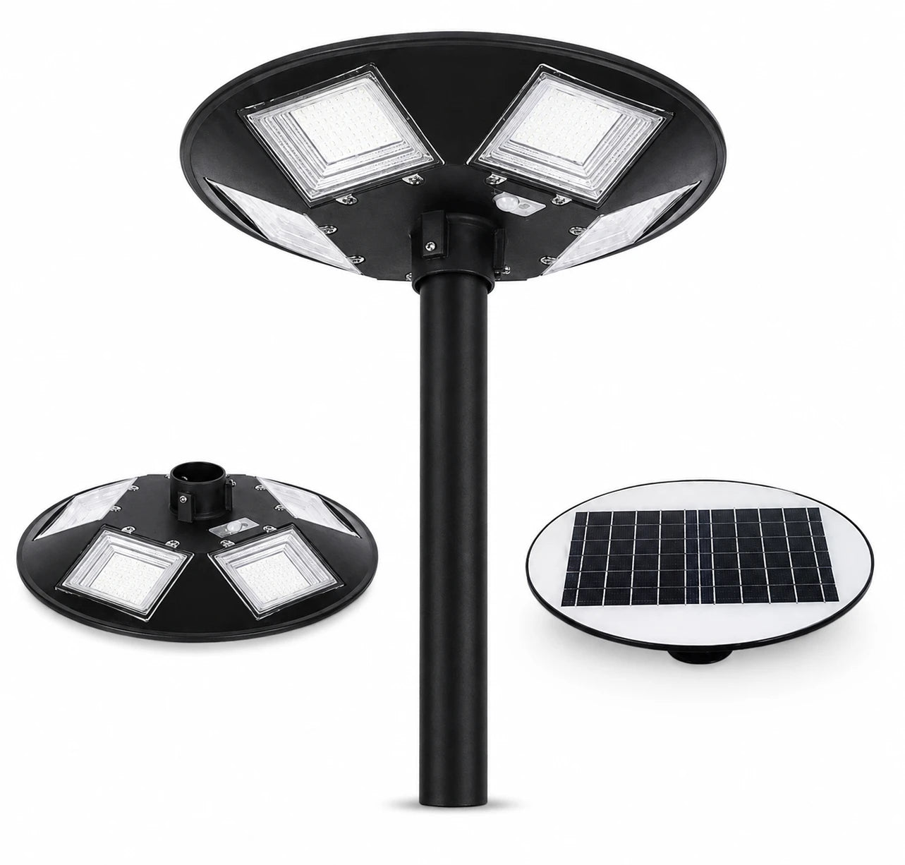 Black solar-powered outdoor street light with three LED panels on the lamp head, shown assembled in the center with two inset views: one showing the lamp head from the side and one showing the circular solar panel separately, all on a white background.