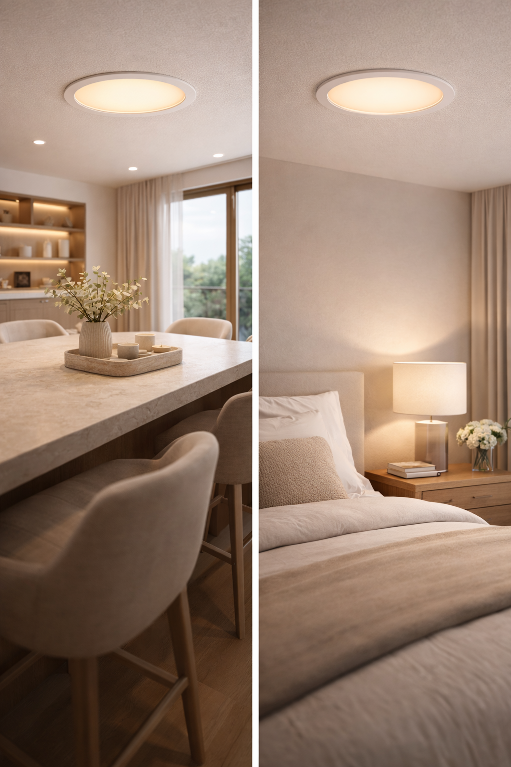 Two interior scenes: a dining area with a table and chairs, and a bedroom with a bed and lamp.