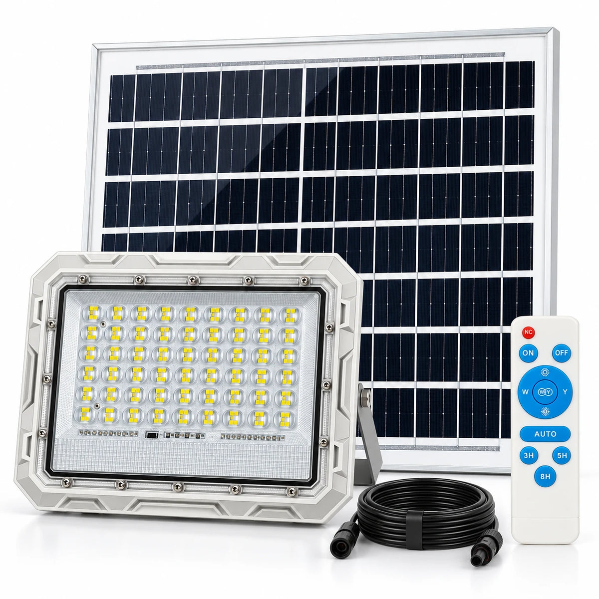 Solar LED light kit featuring a rectangular solar panel, a rugged silver and black LED light, a coiled black cable, and a white remote control on a clean white background.