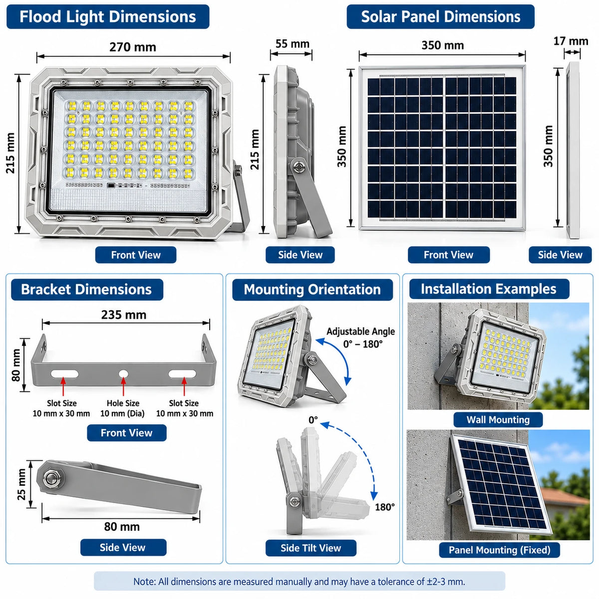 A multi-panel informational graphic detailing the dimensions of a flood light and solar panel kit. The graphic includes labeled front, side, bracket, and mounting views with measurements such as 270 mm, 350 mm, 215 mm, and 80 mm, plus installation examples on a wall and solar panel.