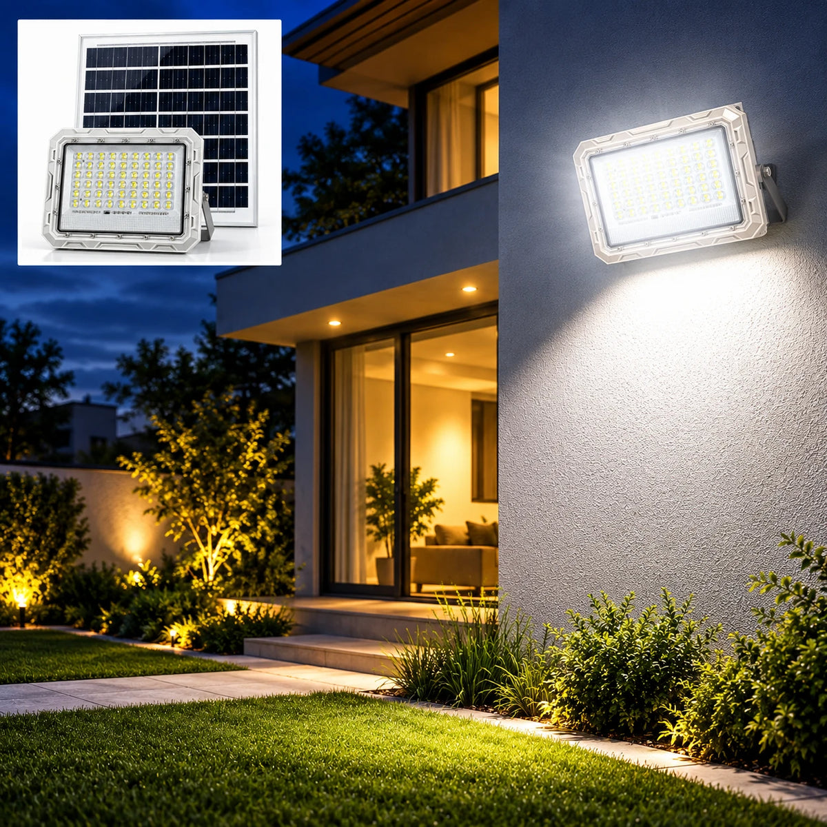 Outdoor wall-mounted LED floodlight shown lit on a house exterior at night, with a smaller inset product view of the light and solar panel combo in the upper left.