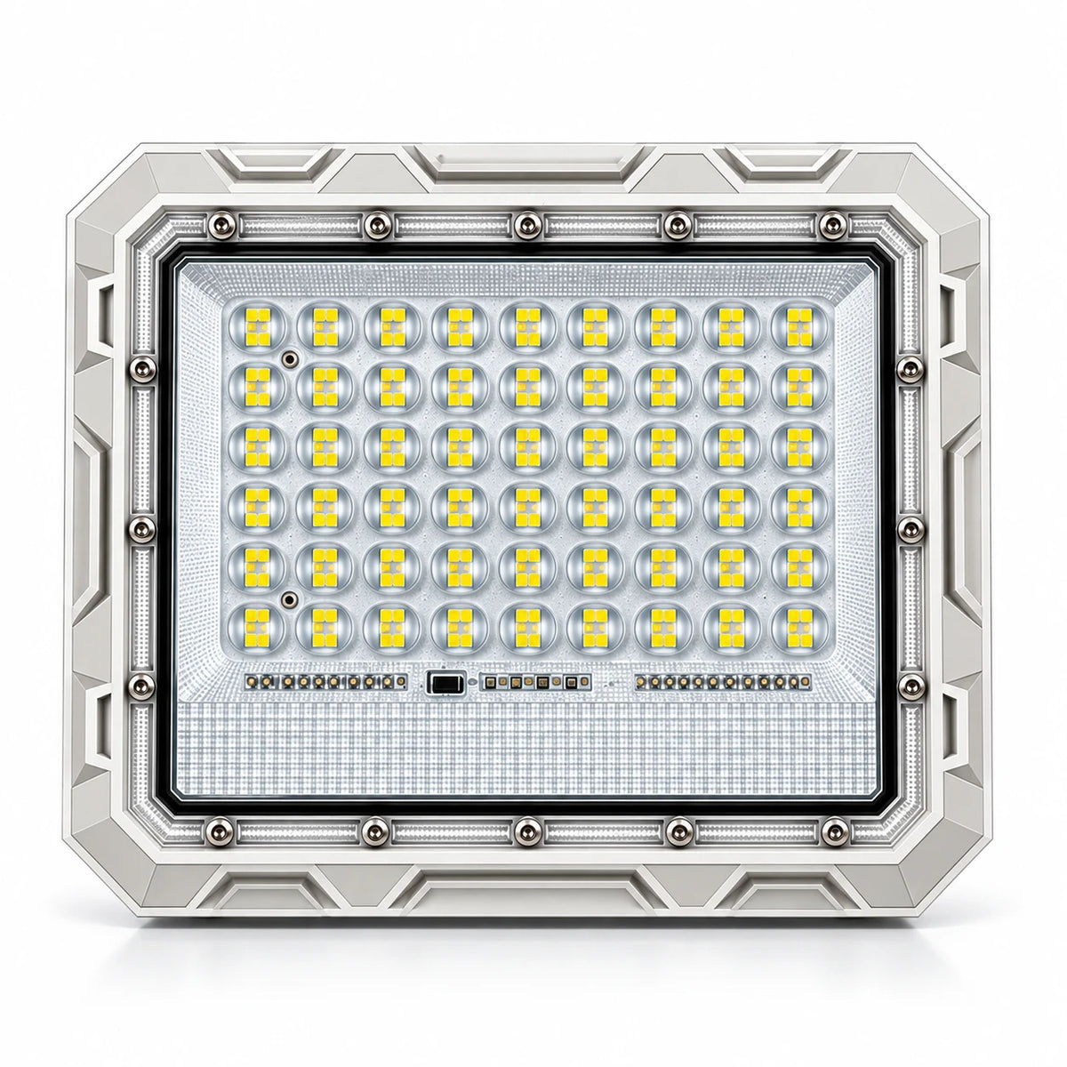 A square industrial LED light fixture with a rugged silver metallic frame and a grid of 36 yellow LED chips on a clear faceplate, shown on a white background.