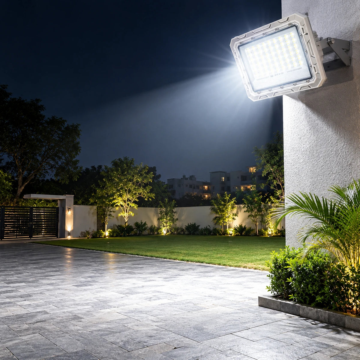 A modern outdoor LED wall light mounted on a white stucco building wall at night, casting a bright beam of light over a paved courtyard, lawn, and landscaped garden.
