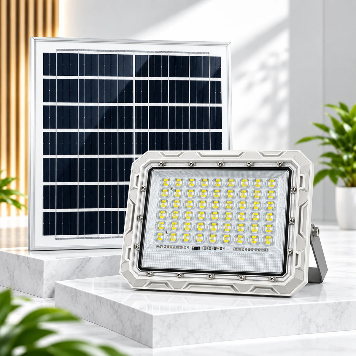 A solar-powered LED light fixture with a white rugged housing and a large front-facing solar panel, displayed on a white marble pedestal with potted plants in the background.