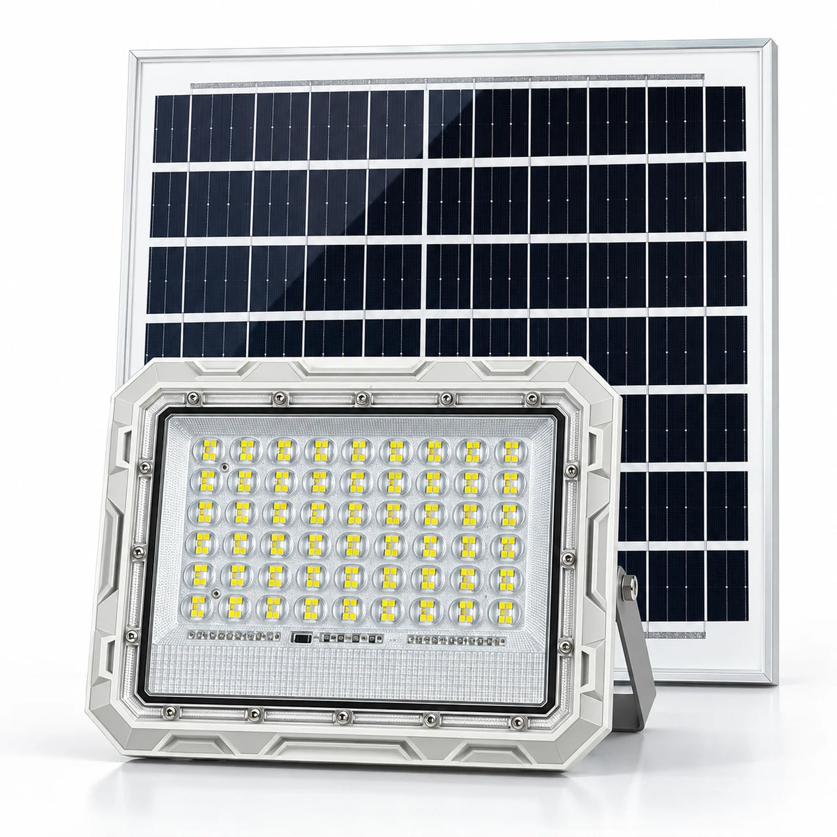 A rugged solar-powered LED light fixture in the foreground with a large rectangular solar panel behind it on a clean white background.