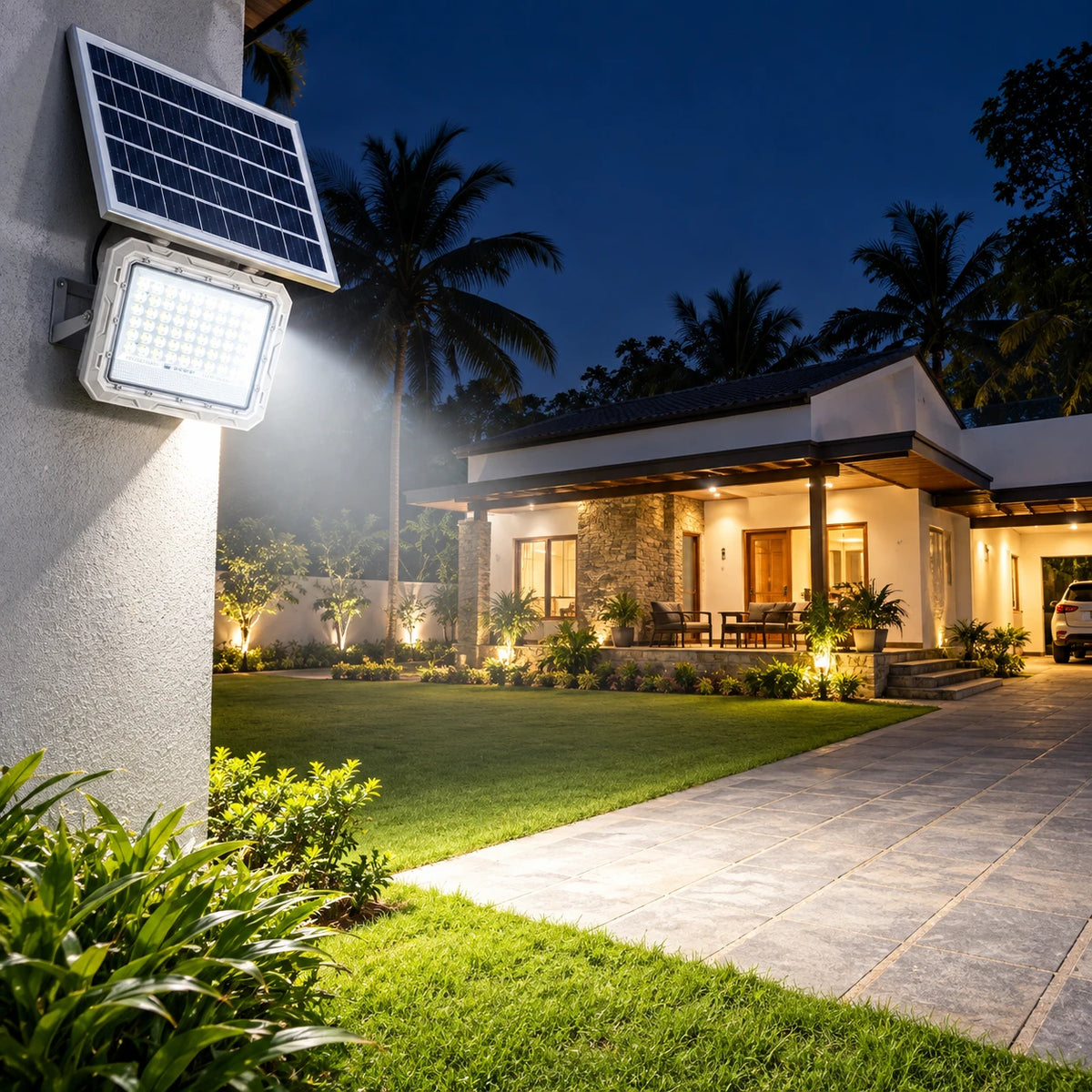 Solar-powered outdoor wall light mounted on a house exterior at dusk, illuminating a lawn and walkway toward a modern home with palm trees in the background.