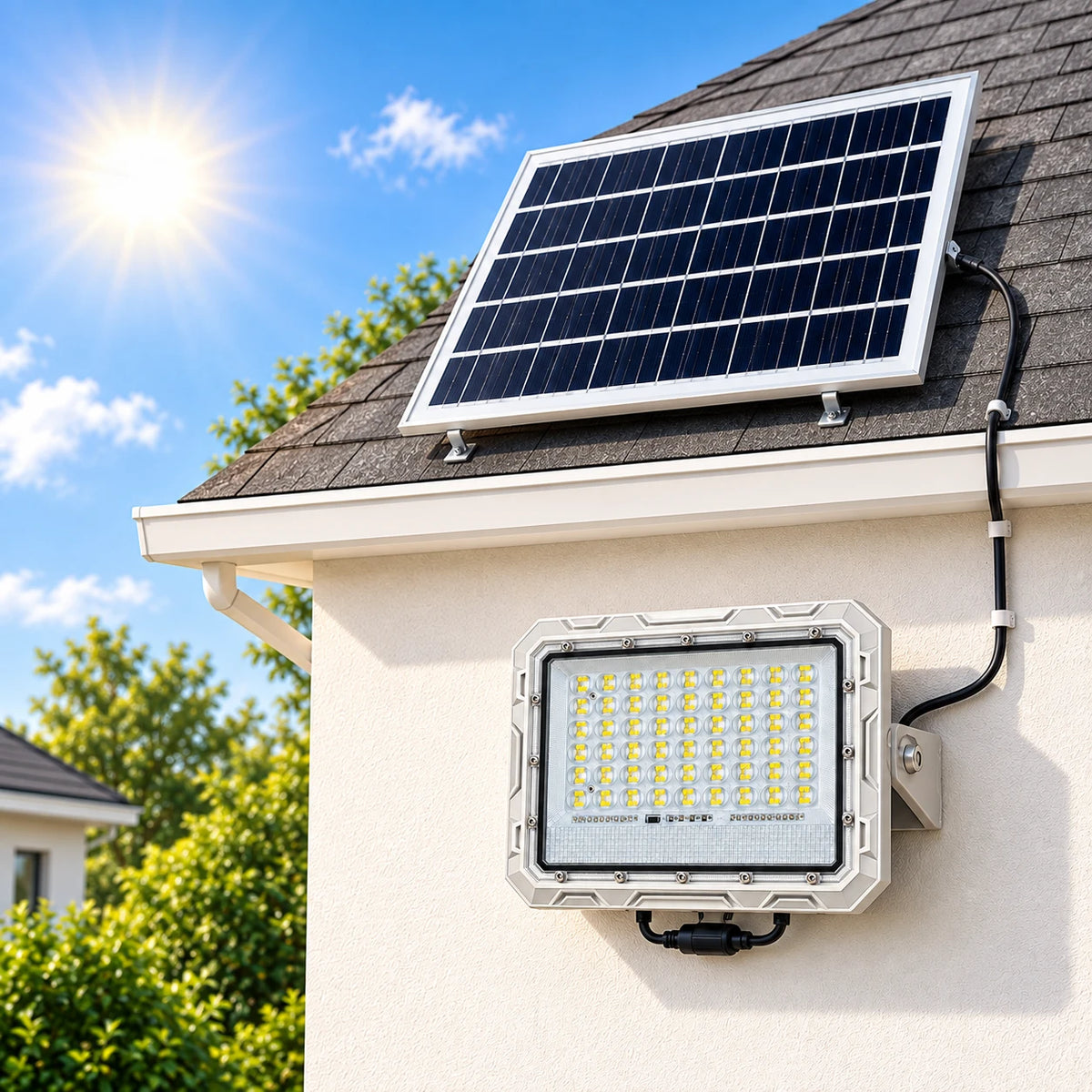 A solar-powered LED light bar mounted on the exterior wall of a house below a solar panel on the roof, set against a bright blue sky with sun rays and green trees.