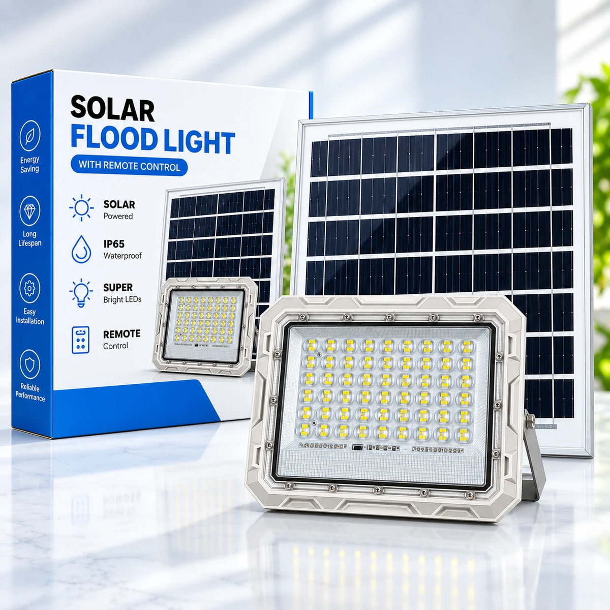 Solar flood light set with a silver LED flood light, two solar panels, and a blue and white retail box on a reflective white surface.