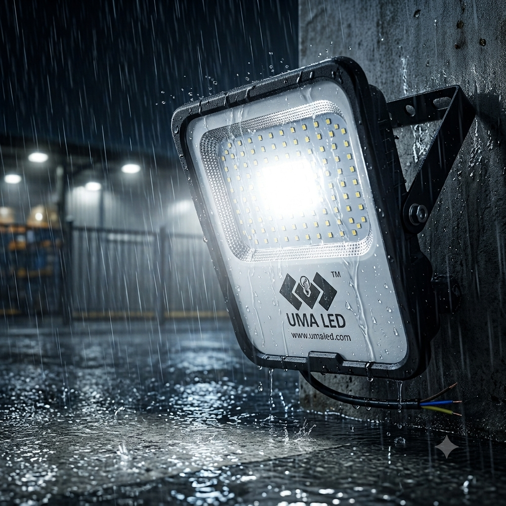 UMA LED 120W IP65 waterproof LED flood light operating in heavy rain for reliable outdoor security lighting.
