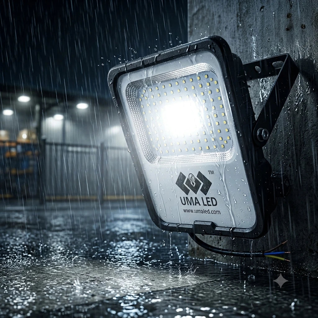 A rugged UMA LED floodlight mounted on a wet concrete wall in the rain, casting a bright beam of light onto the ground below.