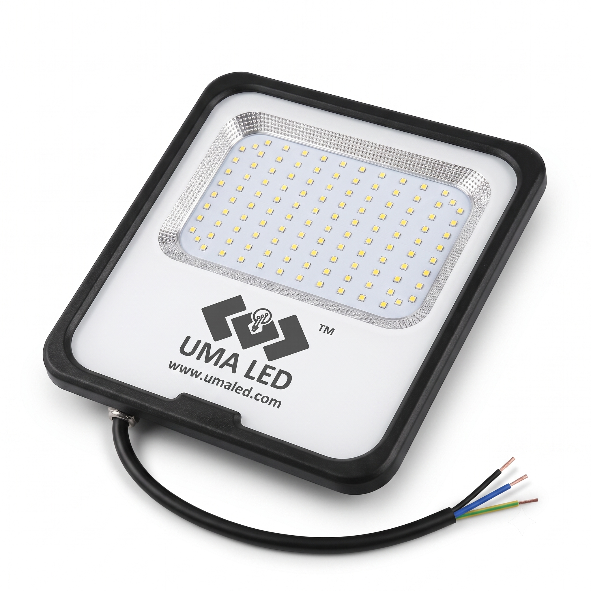 UMA LED square floodlight with a black frame, white faceplate, and a black cable with multi-colored wires, shown on a white background.
