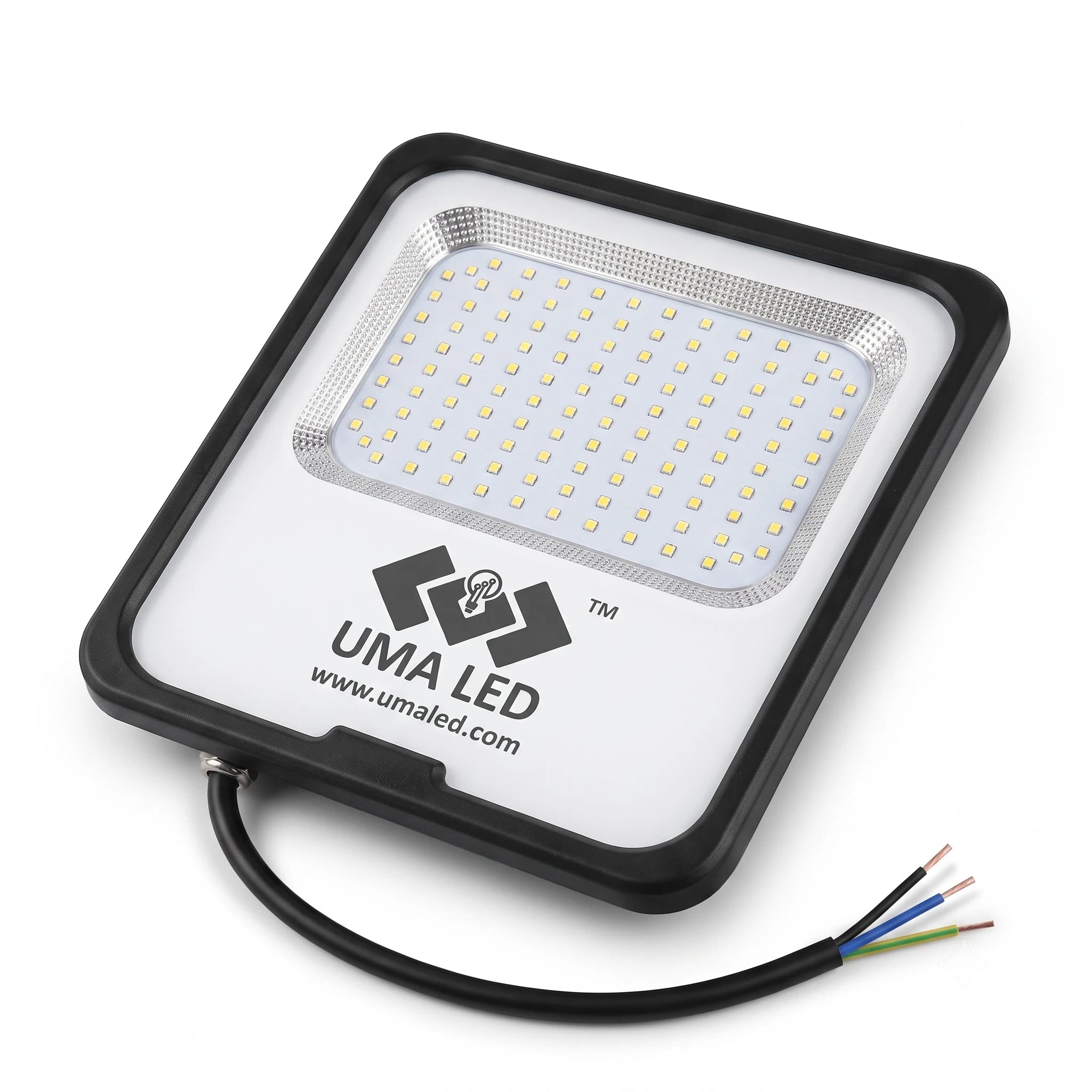 UMA LED square floodlight with a black frame, white faceplate, and a black cable with multi-colored wires, shown on a white background.
