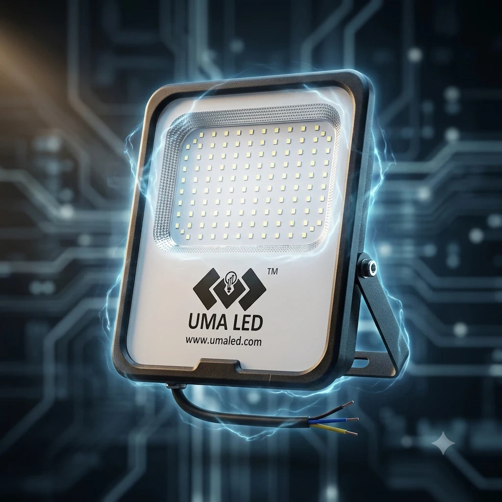 UMA LED square floodlight with a black frame and white faceplate, shown against a dark blue circuit-board background with glowing blue electric effects.