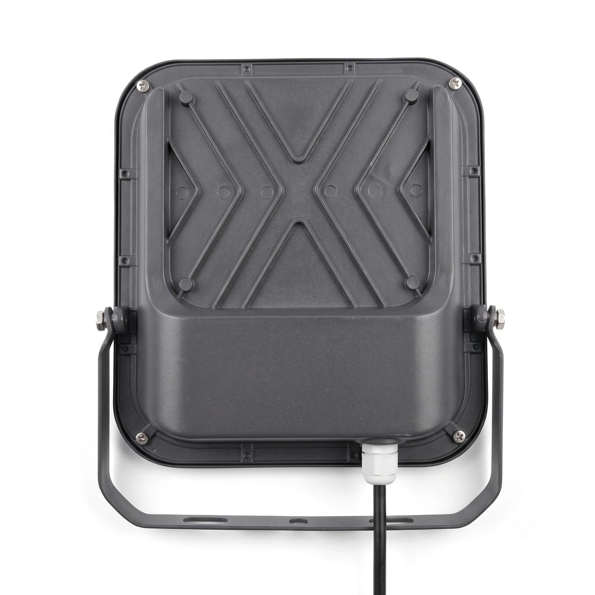 A square black industrial floodlight or LED spotlight with a hinged metal mounting bracket and a black power cable, shown from the back against a white background.