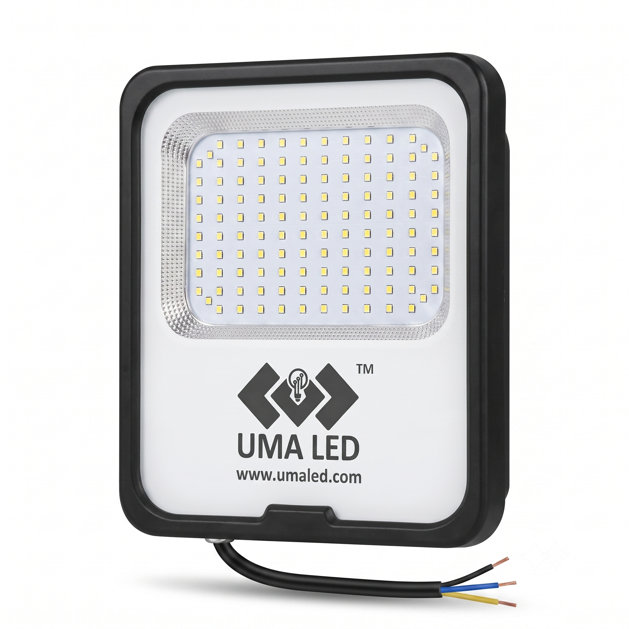 UMA LED square outdoor floodlight with a black housing, white faceplate, and a large array of yellow LED chips. The brand logo and website 'umaled.