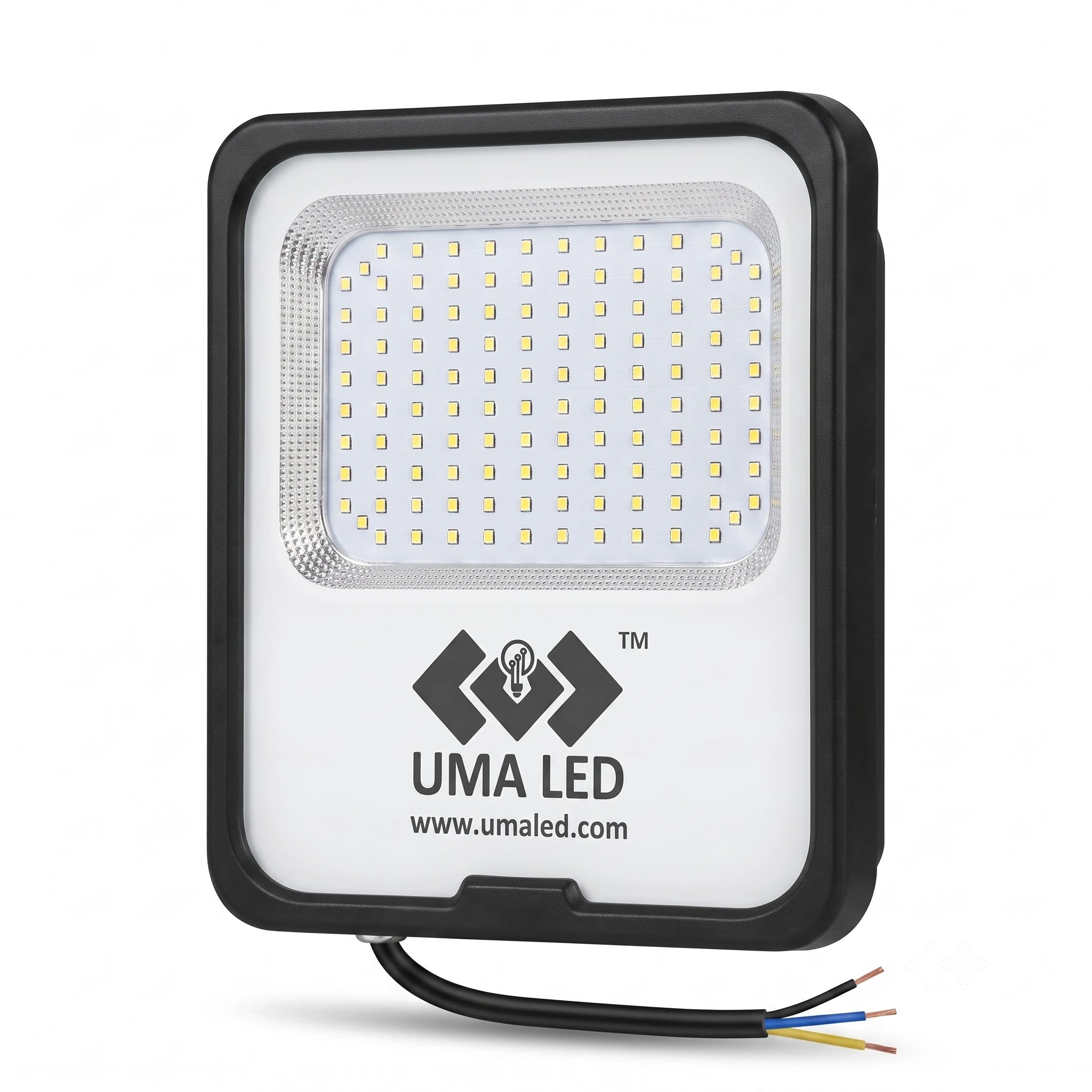 UMA LED square outdoor floodlight with a black housing, white faceplate, and a large array of yellow LED chips. The brand logo and website 'umaled.