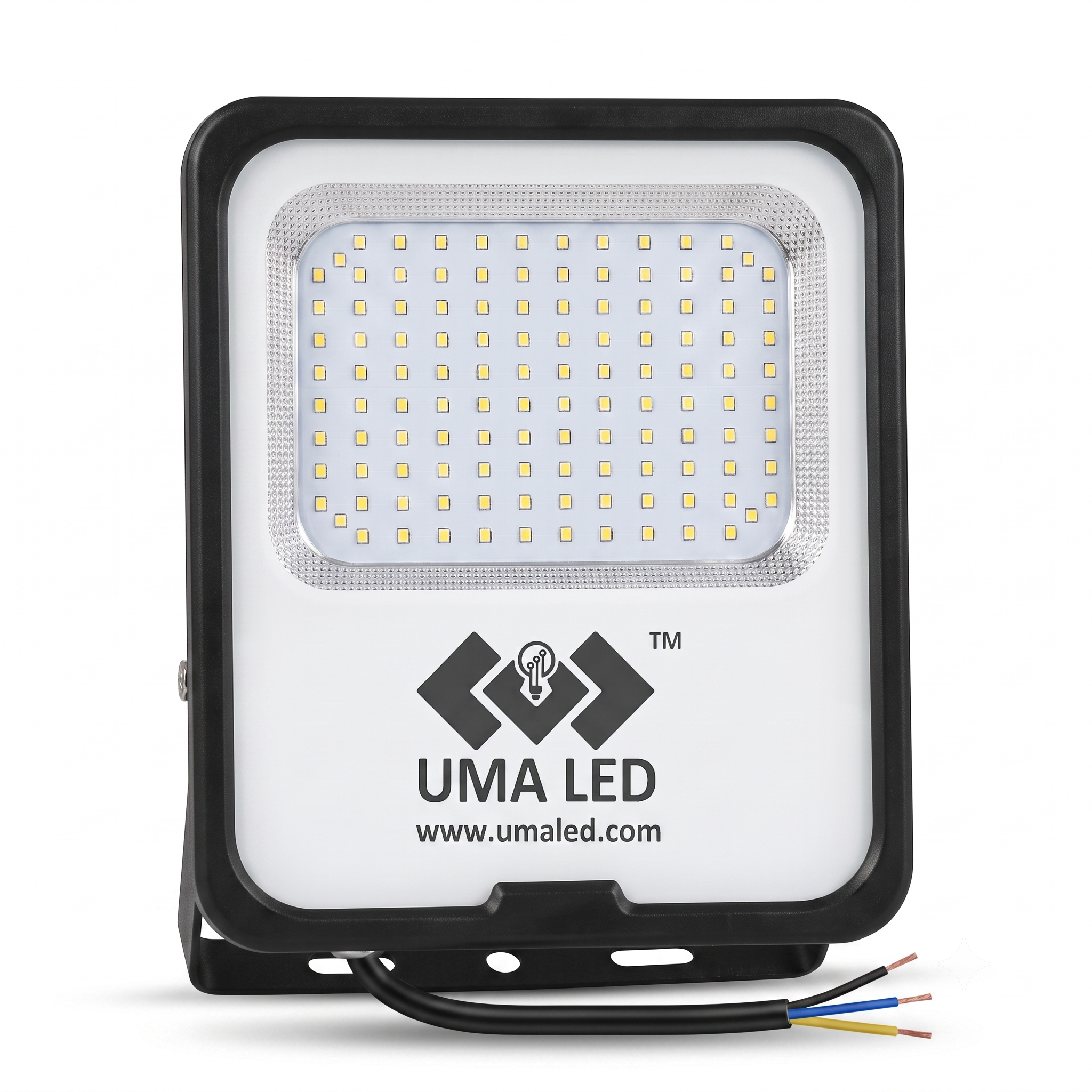 UMA LED square LED floodlight with a black housing, white front panel, and visible brand logo, shown on a white background with attached wiring.