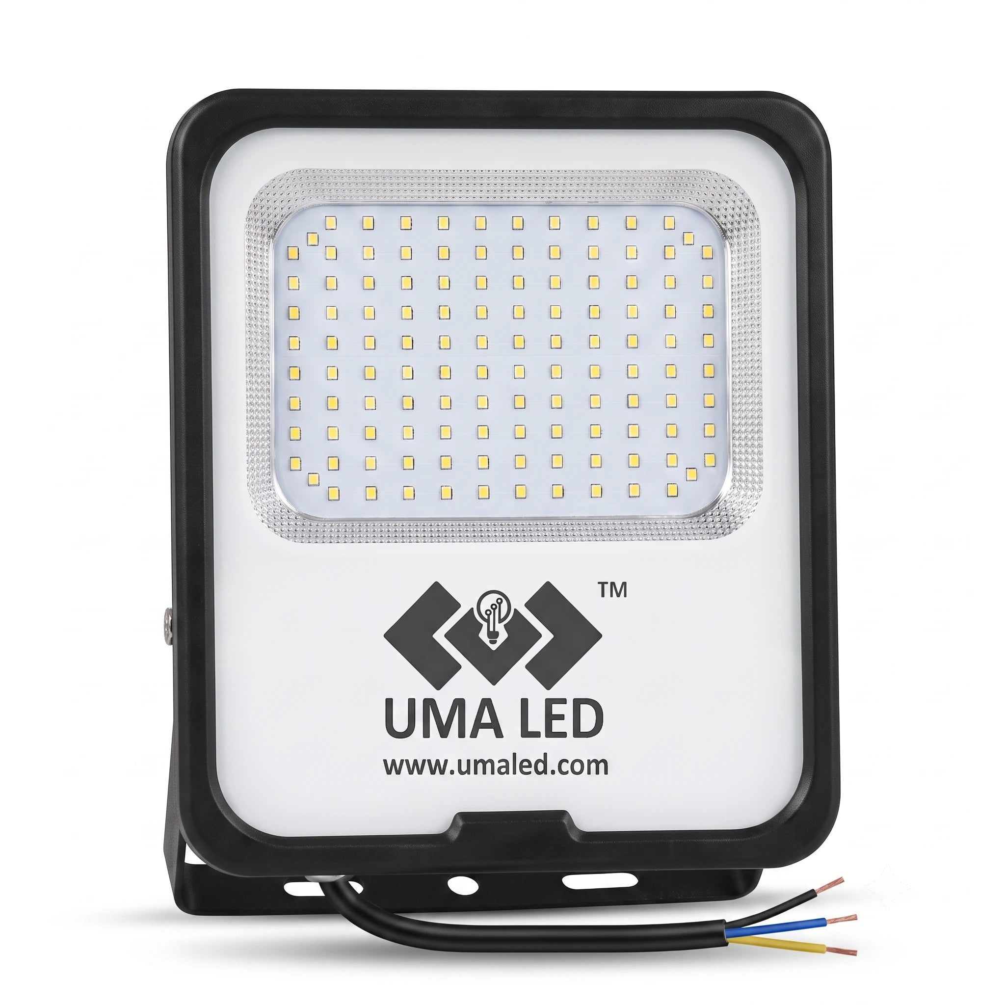 UMA LED square LED floodlight with a black housing, white front panel, and visible brand logo, shown on a white background with attached wiring.