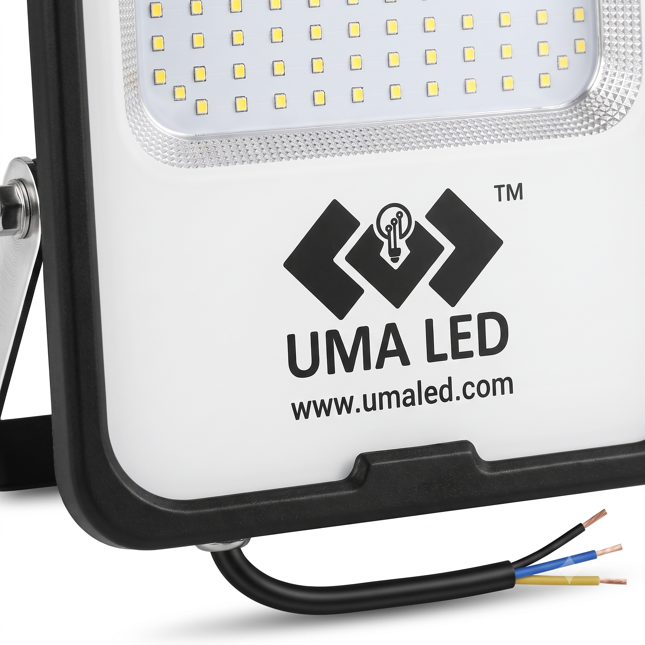 Close-up of UMA LED 120W LED flood light showing premium housing, branding and durable outdoor construction.
