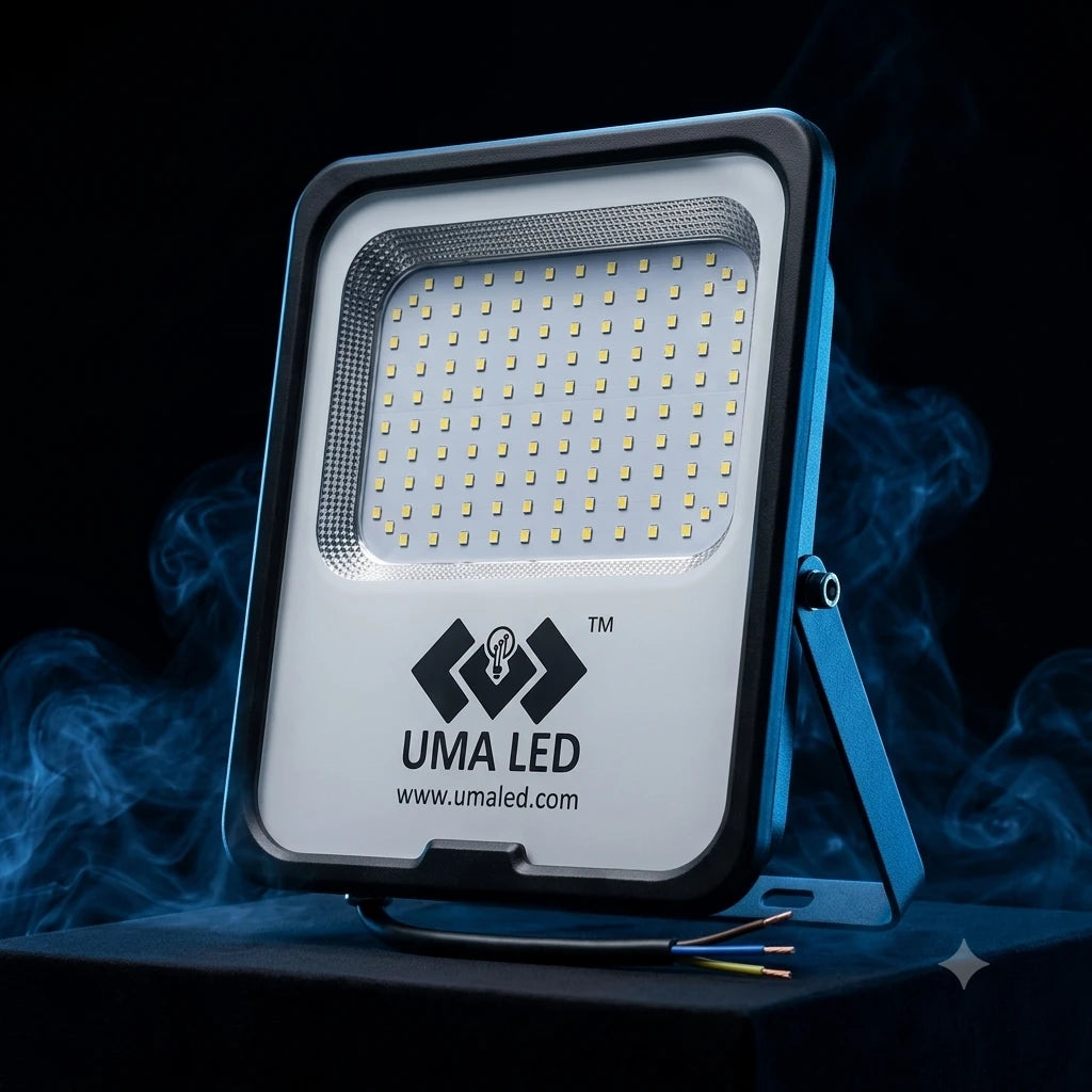 UMA LED square floodlight with a black and blue housing, standing on a dark surface with blue smoke effects in the background.