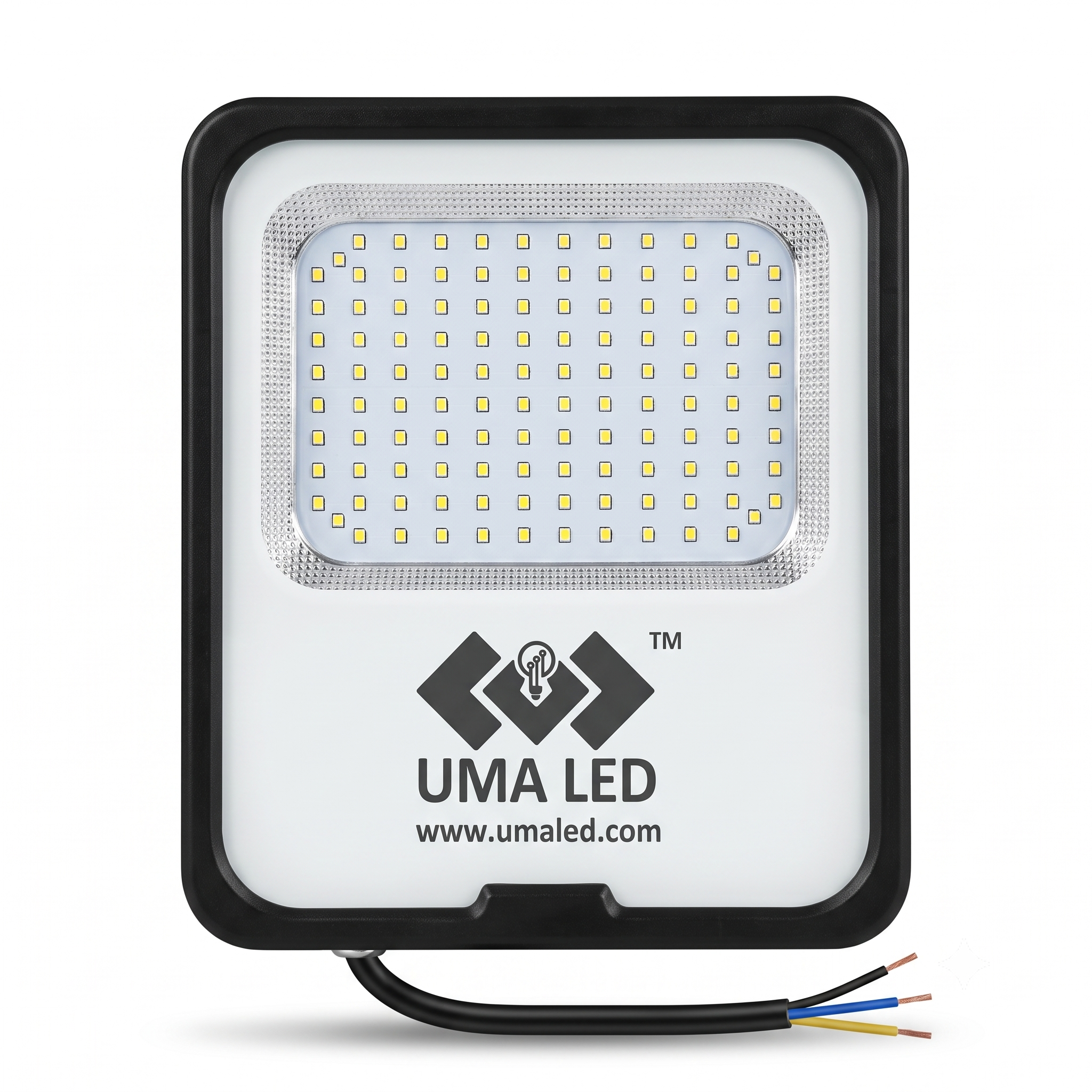 UMA LED square outdoor floodlight with a black frame, white faceplate, and visible wiring at the bottom, shown on a plain white background.