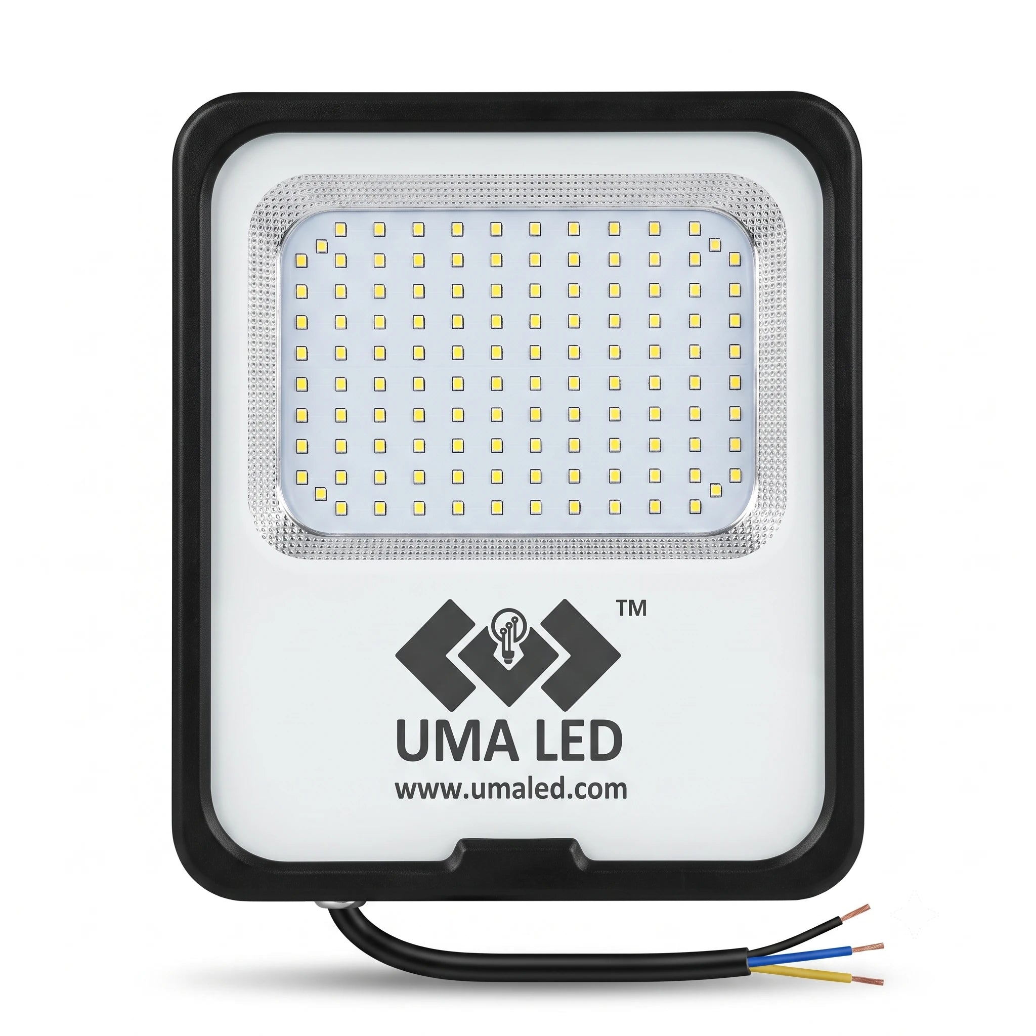 UMA LED square outdoor floodlight with a black frame, white faceplate, and visible wiring at the bottom, shown on a plain white background.