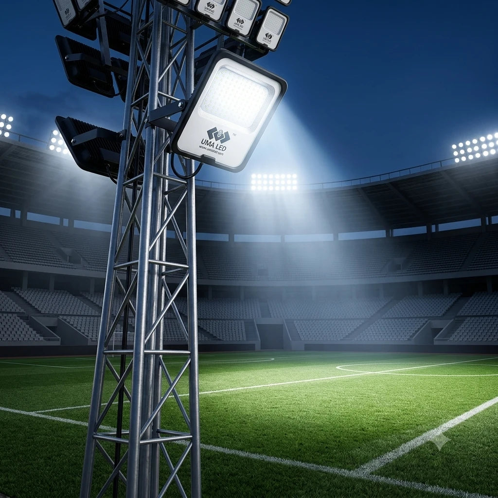 A tall stadium floodlight tower with multiple LED floodlights mounted on a metal truss structure, illuminating a green soccer field inside a large stadium at night.