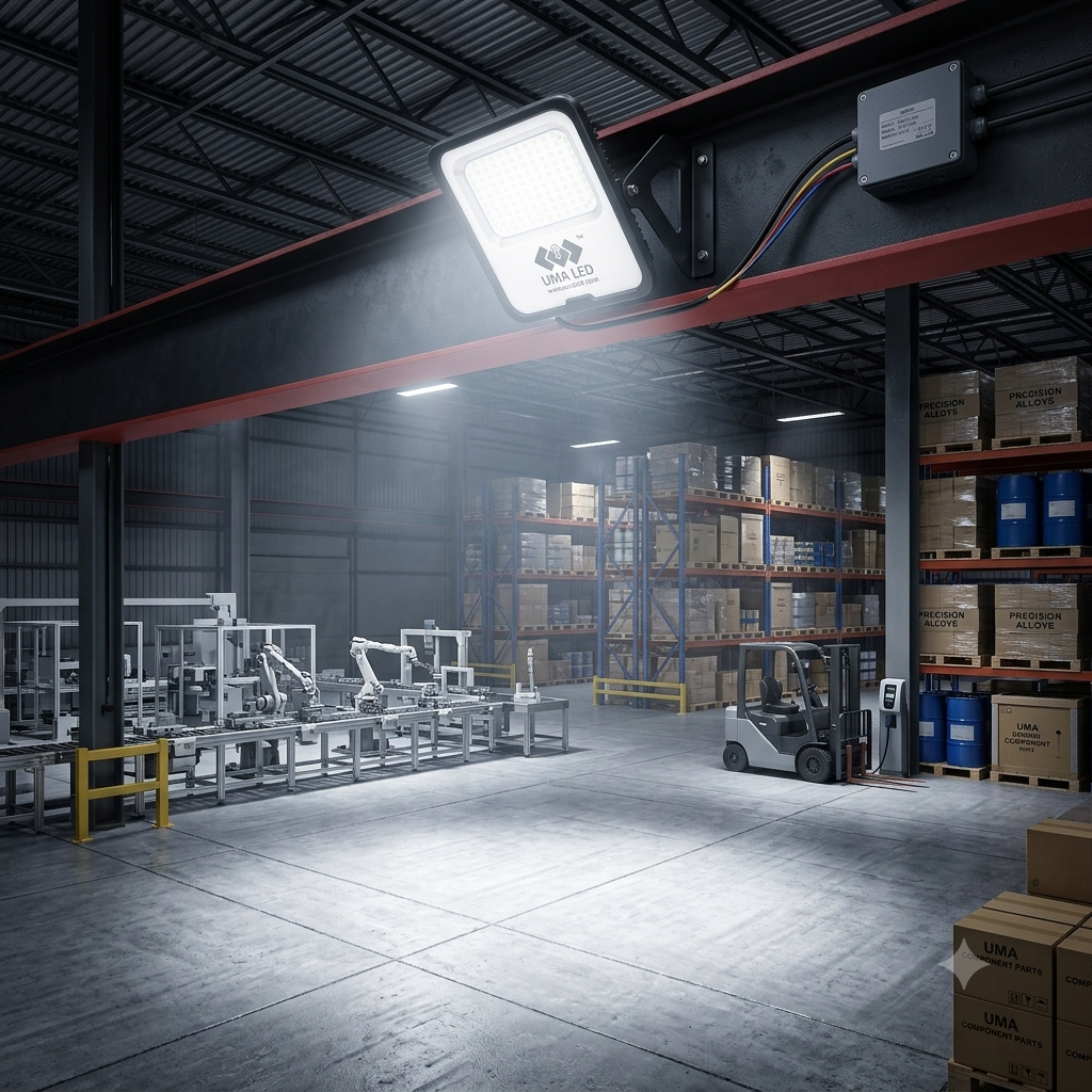 A large rectangular industrial floodlight mounted on a red overhead crane beam inside a warehouse. The bright light illuminates the concrete floor and surrounding storage racks filled with boxes and barrels, with a forklift visible in the background.
