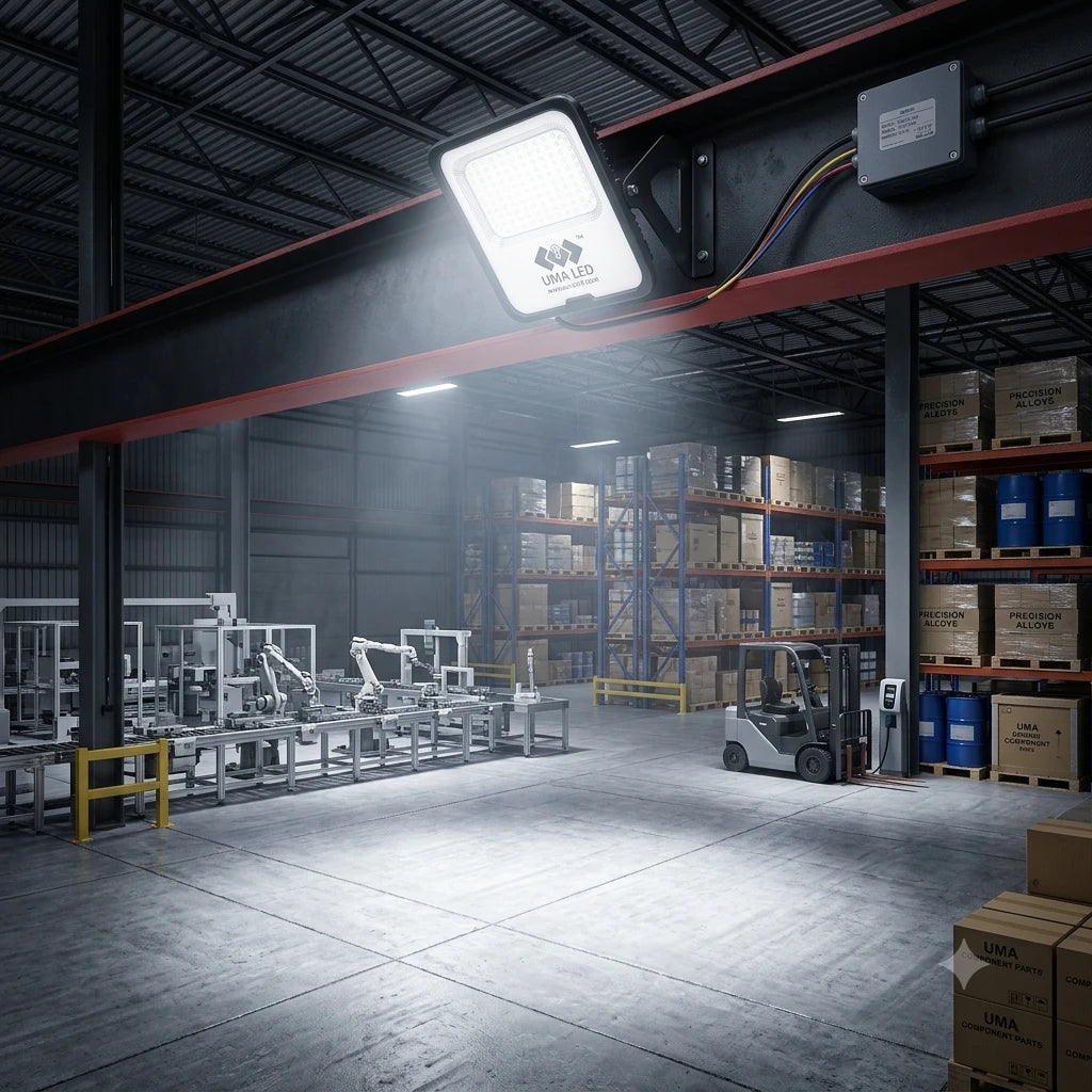 A large rectangular industrial floodlight mounted on a red overhead crane beam inside a warehouse. The bright light illuminates the concrete floor and surrounding storage racks filled with boxes and barrels, with a forklift visible in the background.