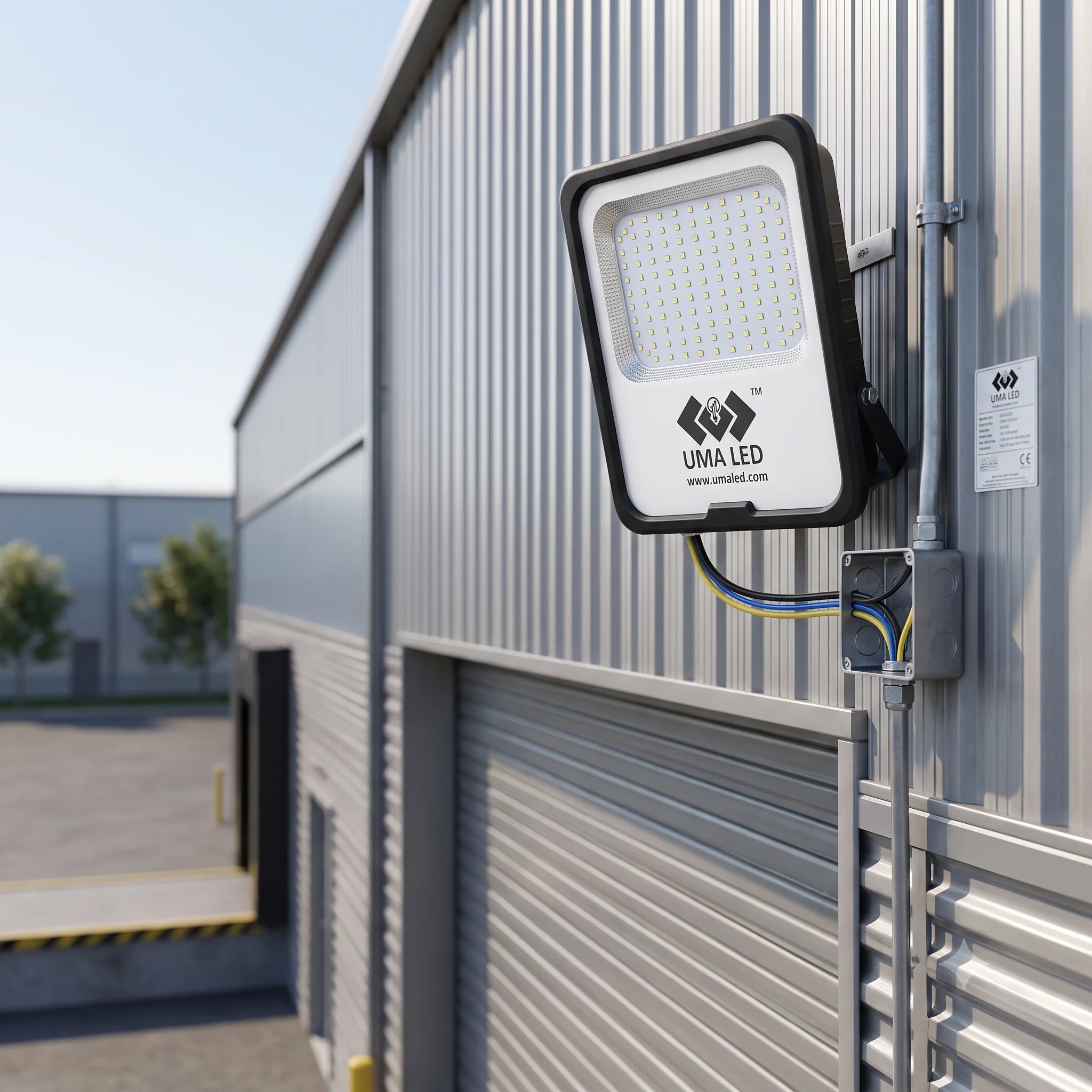 A wall-mounted UMA LED floodlight with a black frame and white faceplate, attached to the exterior of a corrugated metal warehouse building.