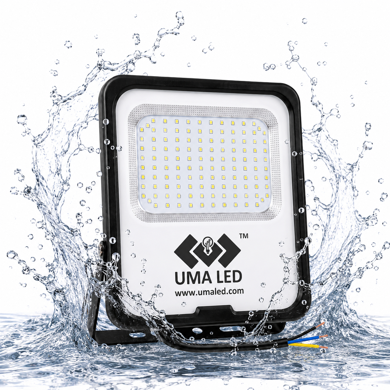 UMA LED square floodlight with a black frame and white faceplate, surrounded by dynamic water splashes on a white background.