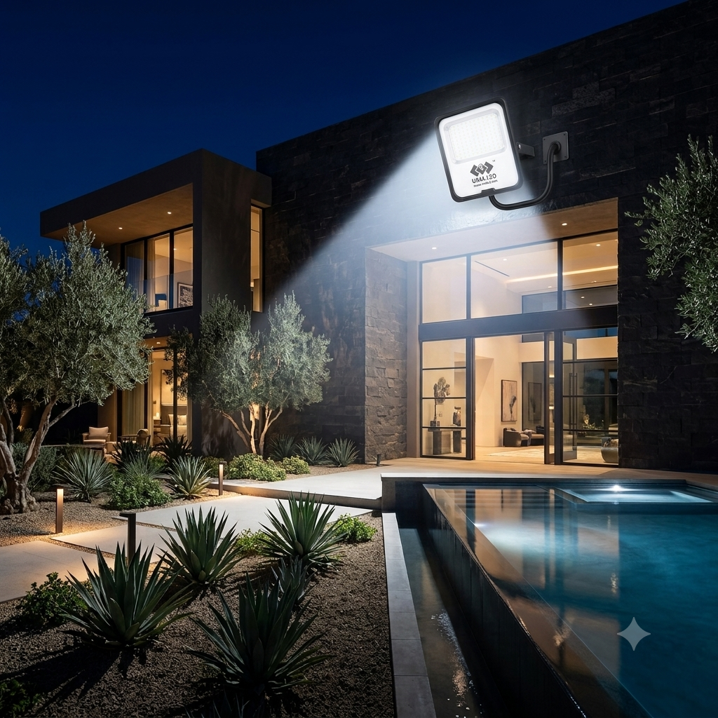 A modern outdoor wall-mounted light fixture installed on a dark stone house exterior, casting a bright beam of light over a landscaped yard with trees, a swimming pool, and a walkway at night.