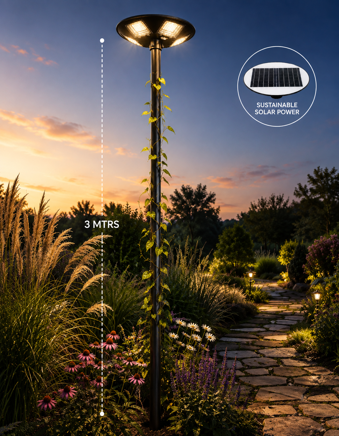 A tall outdoor solar garden light post shown in a landscaped garden at dusk, with a stone path, ornamental grass, and a sky gradient. White text overlays indicate the post is 3 meters tall and the light is sustainably solar powered, with a small inset showing the solar panel.