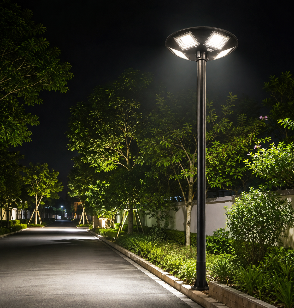 A modern multi-light outdoor street lamp on a paved pathway at night, surrounded by green trees and shrubs with the lights turned on.