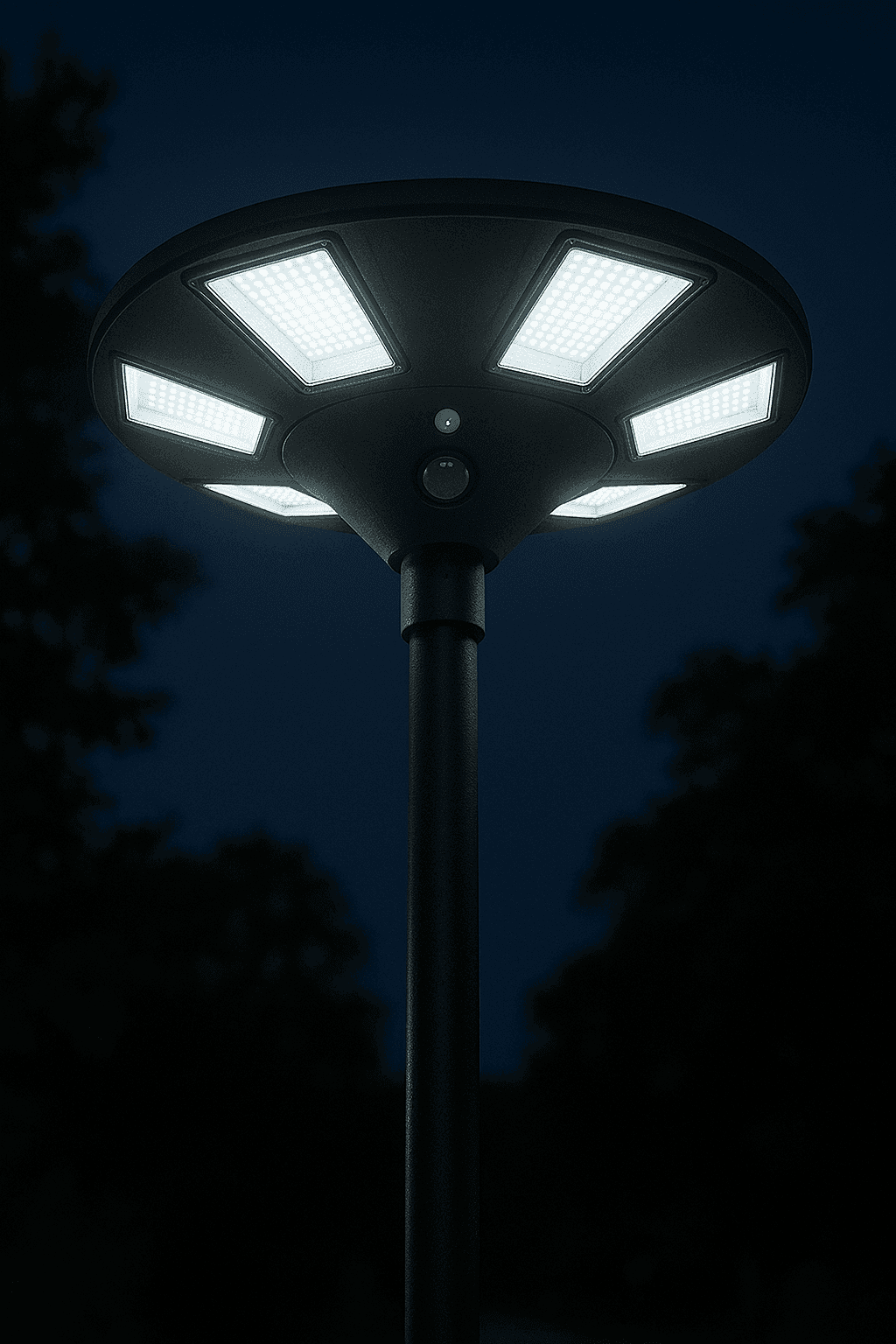 A modern outdoor LED street lamp with a circular canopy and six illuminated light panels, shown against a very dark night sky with silhouetted trees.