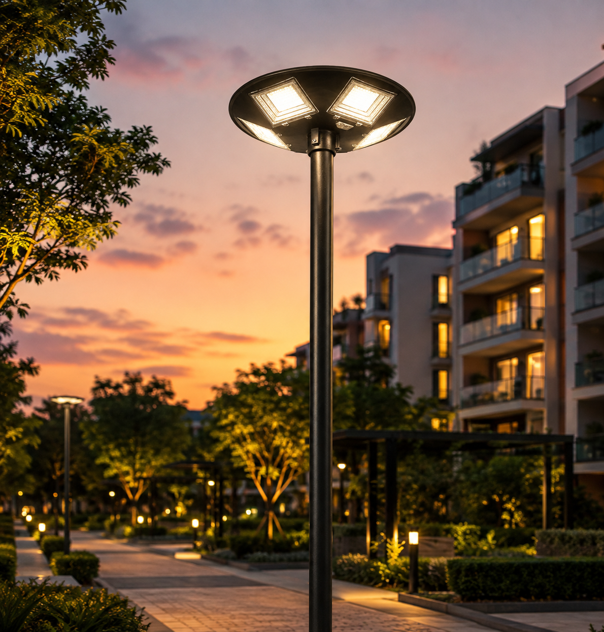 A modern black multi-light pole lamp glowing at dusk in an outdoor residential area with trees, walkways, and apartment buildings in the background under a warm orange sunset sky.
